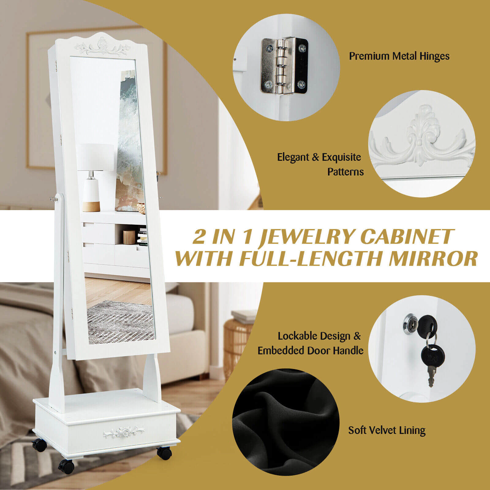 Slickblue Freestanding Rolling Jewelry Storage Cabinet with Full-Length Mirror, Lockable Armoire, Drawer and Shelf