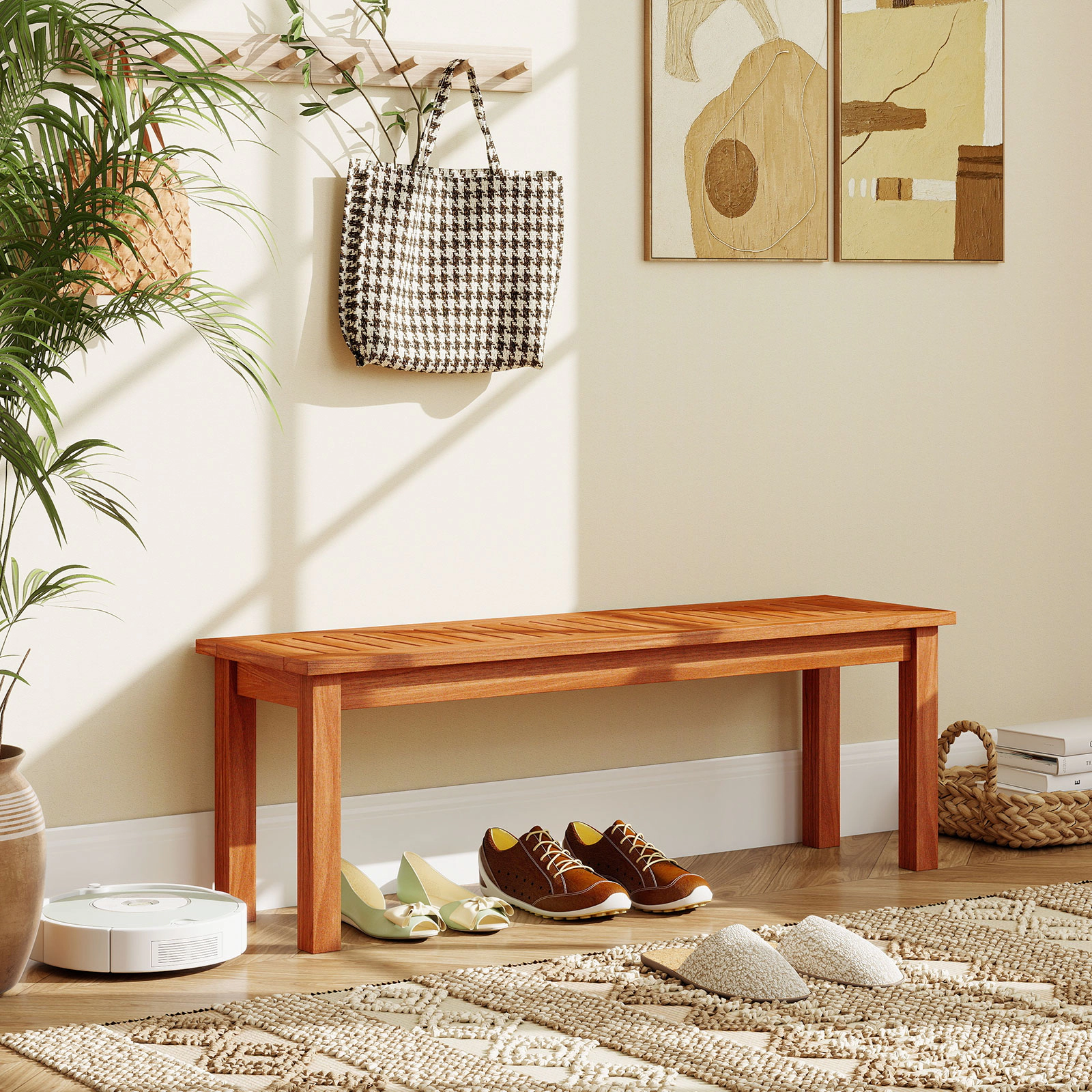 LJG Outdoor Wood Bench 2-Person Backless Patio Garden Bench with Slatted Seat