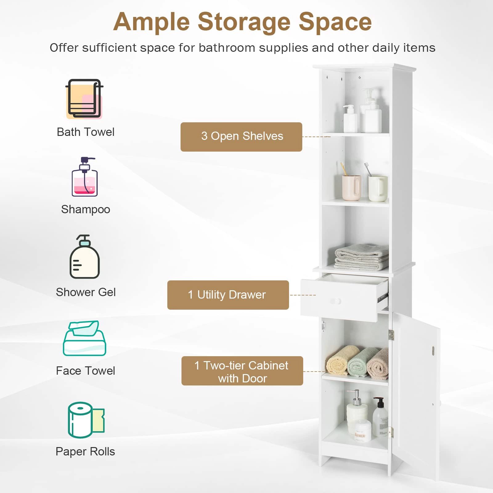 Glintex 64-Inch Tall Bathroom Linen Cabinet with Open Shelves and Drawer, White