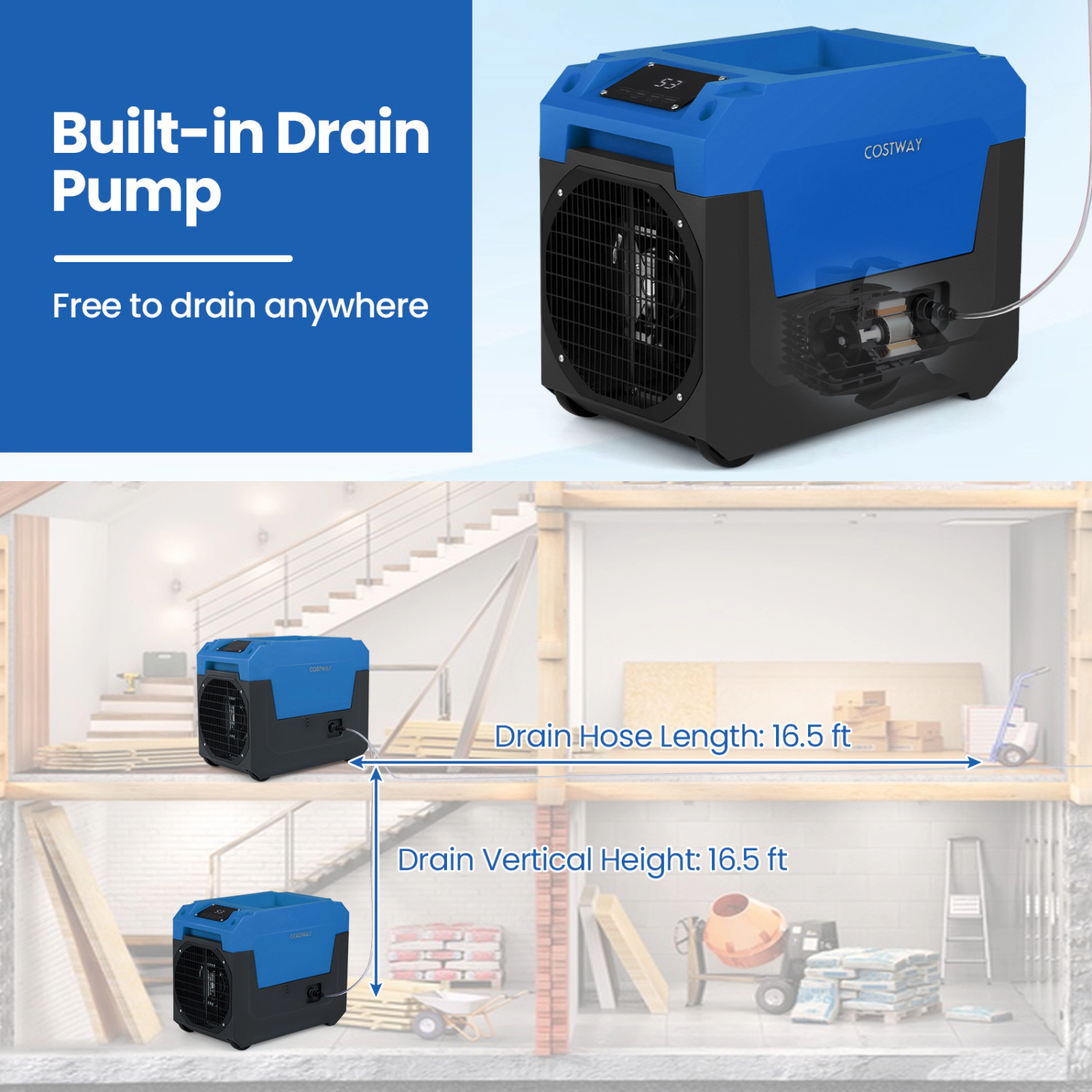 LJG 140 Pints Commercial Dehumidifier with Pump and Drain Hose