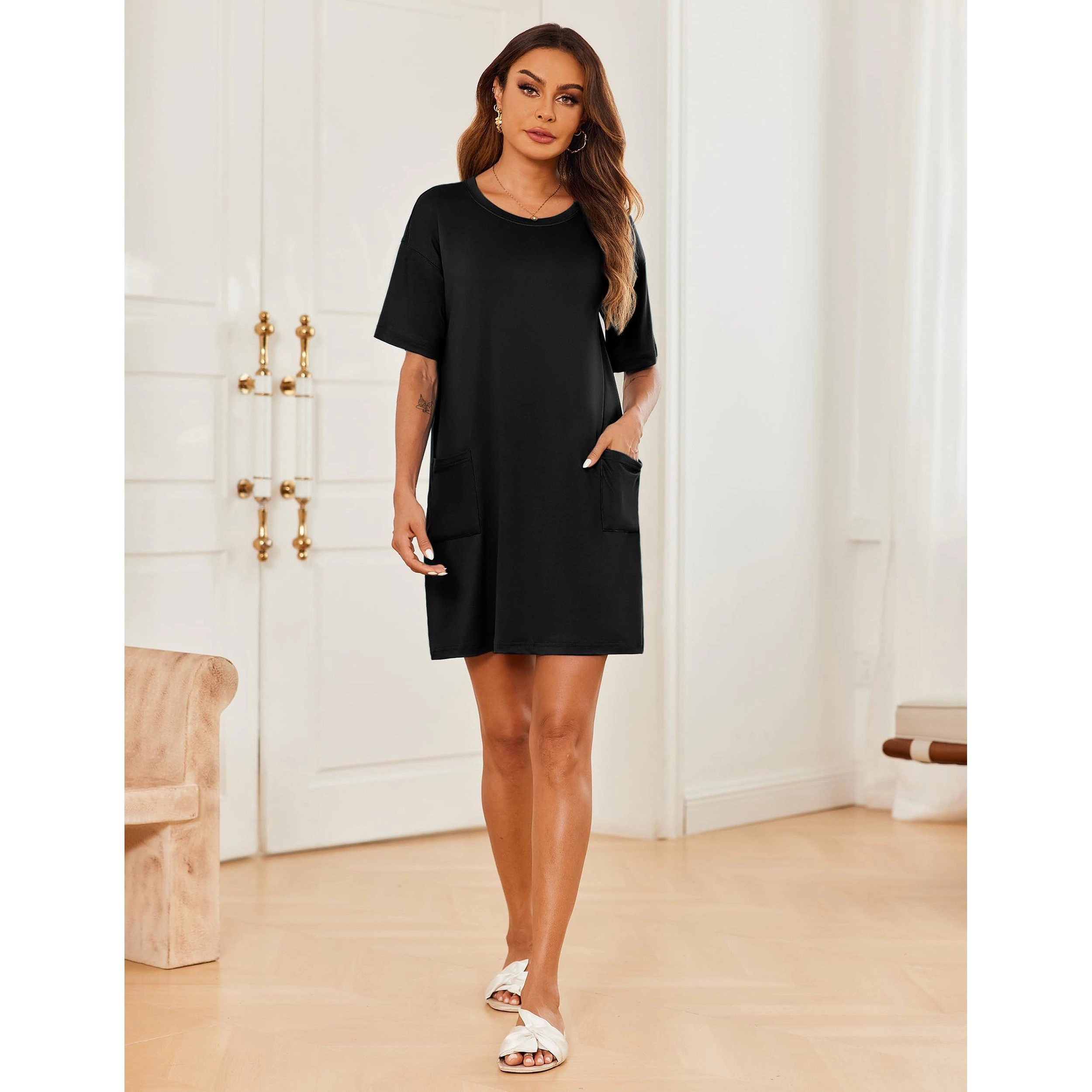 Ekouaer Women's Crew Neck Half Sleeve Pocket T-Shirt Dress