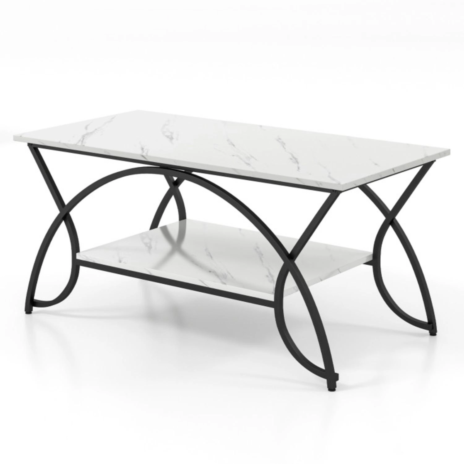 Hivvago 2-Tier Faux Marble Coffee Table With Marble Top And Metal Frame-Black & White