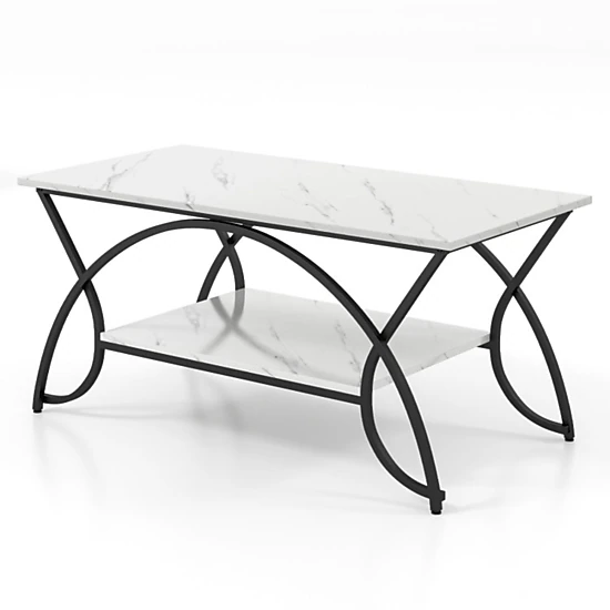 Hivvago 2-Tier Faux Marble Coffee Table With Marble Top And Metal Frame-Black & White