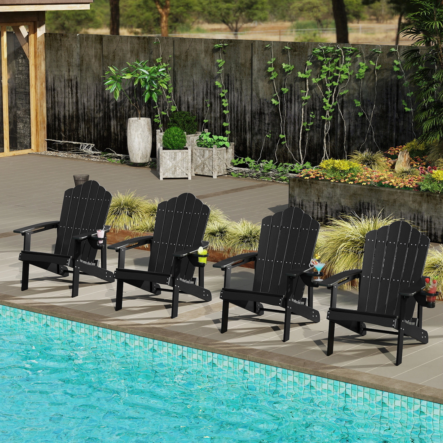 LJG Outdoor Adirondack Chair with Built-in Cup Holder for Backyard Porch