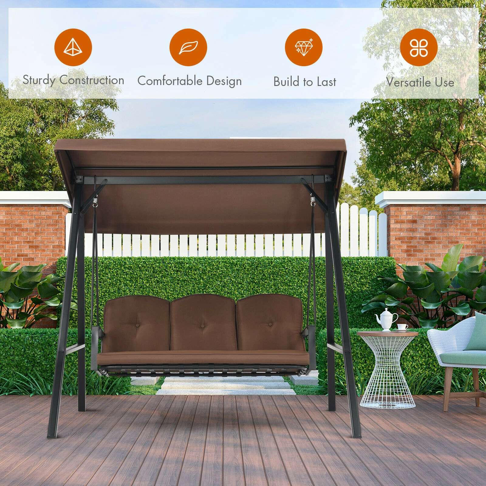 LJG Outdoor 3-Seat Porch Swing with Adjust Canopy and Cushions