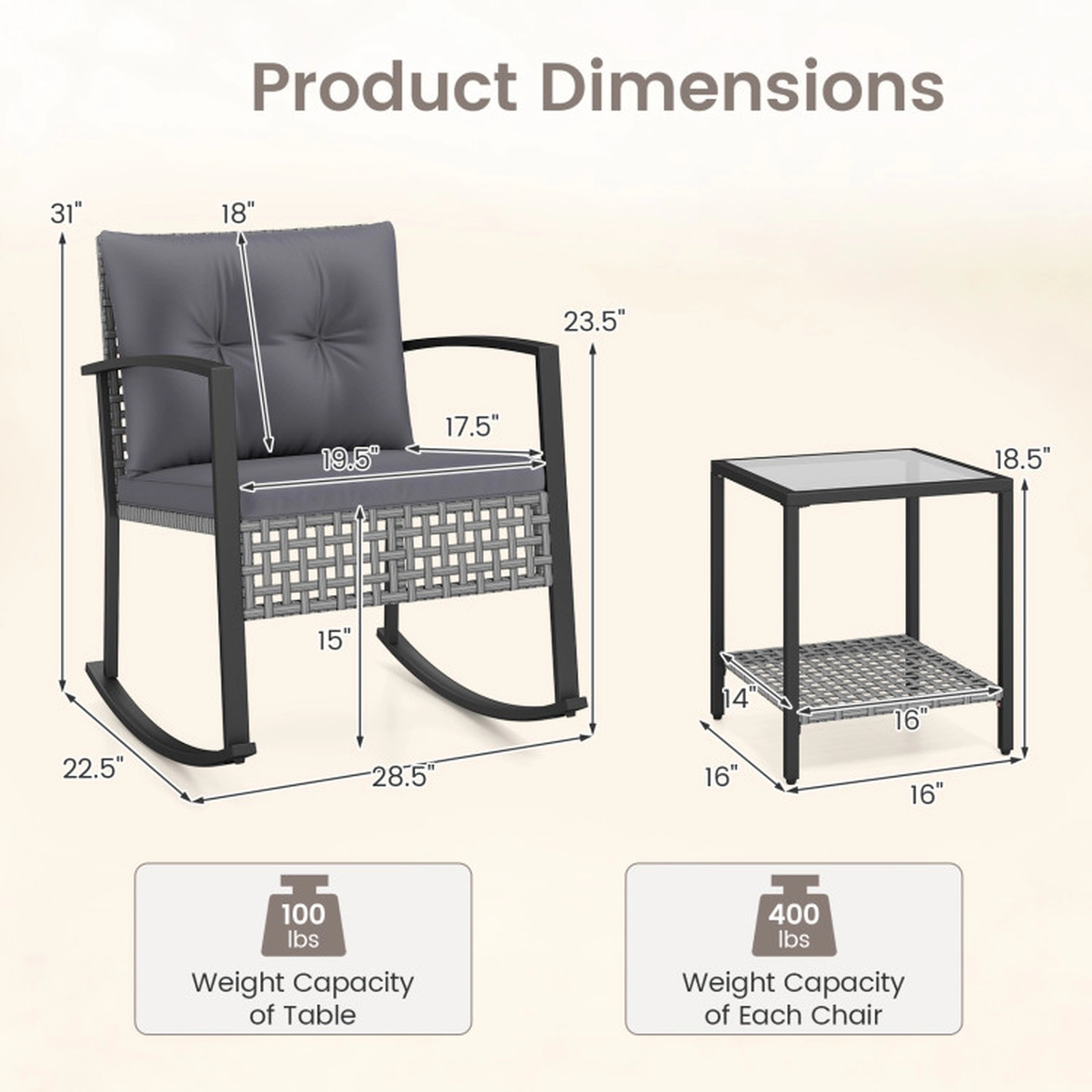SUGIFT 3-Piece Gray Patio Rocking Chair Set with 2-Tier Glass-Top Table
