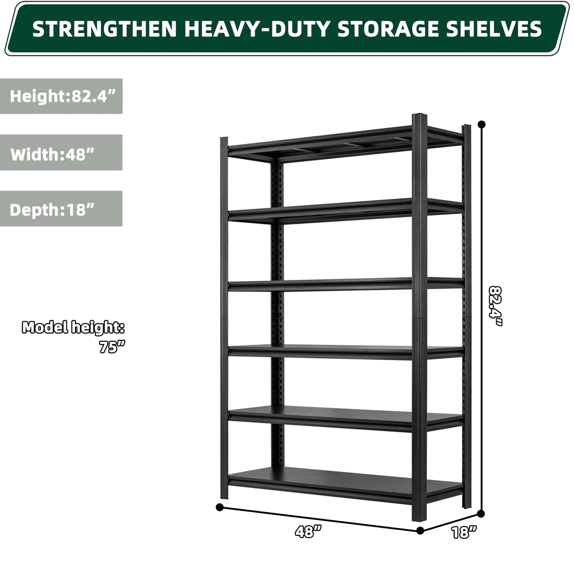 Flynama 6-Shelf Pantry Organizer Shelving, Heavy Duty Steel, Adjustable, Black (48"W x 84"H x 18"D)