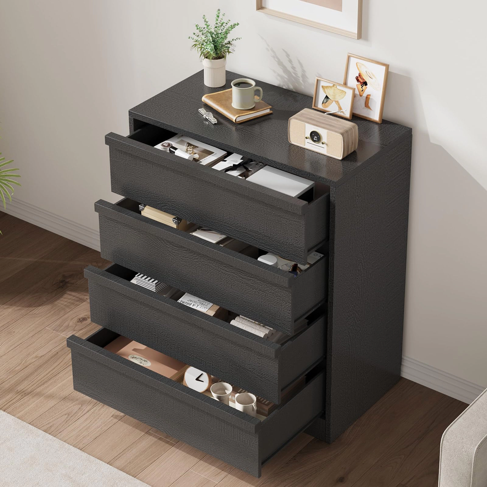 4 Drawer Dresser, Freestanding MDF Chest of Drawers with Storage Top and Anti-Tip Hardware for Bedroom