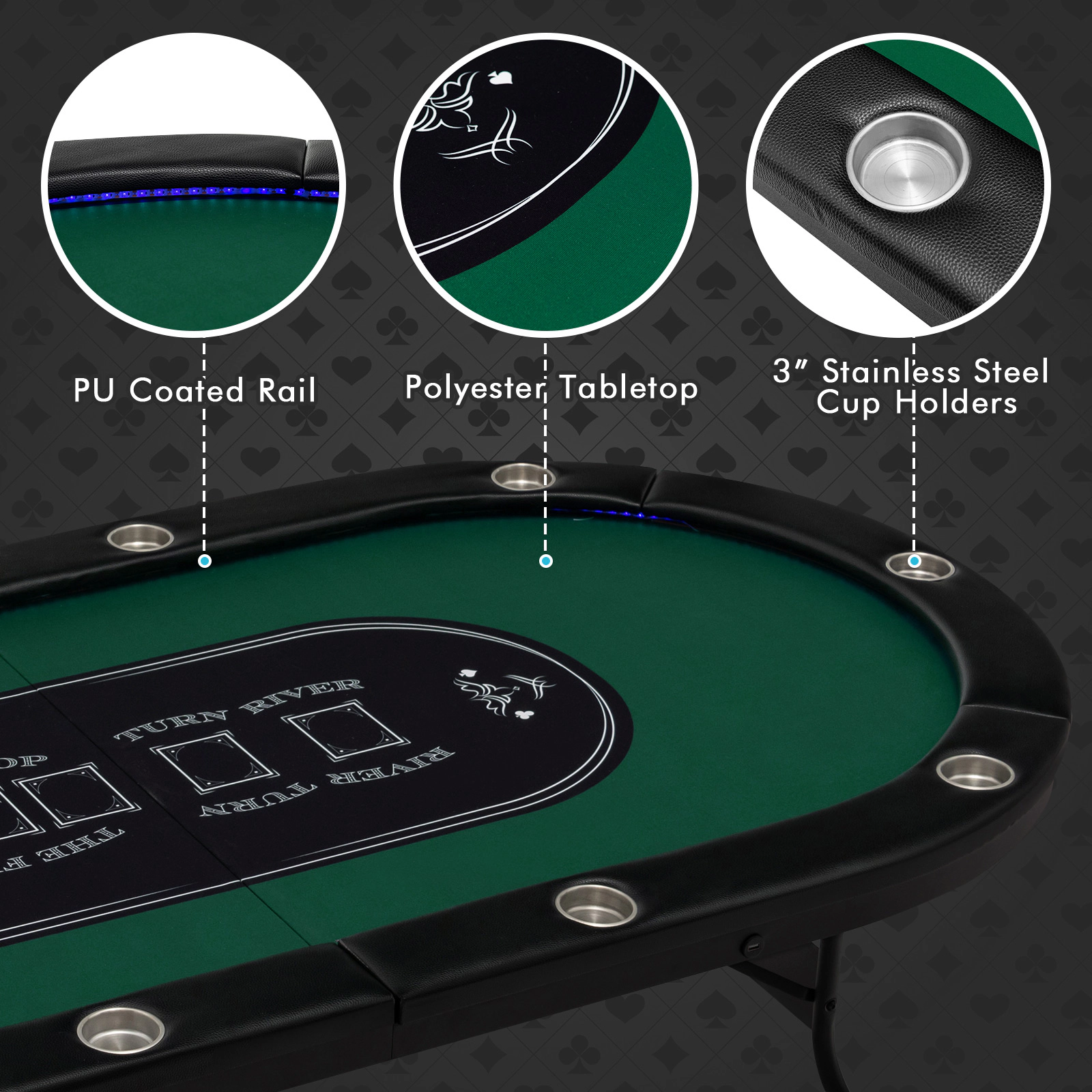 SUGIFT 84-in 10-Player 198.5-lb Capacity Folding Poker Table with LED Lights 4 USB Ports and Cup Holders