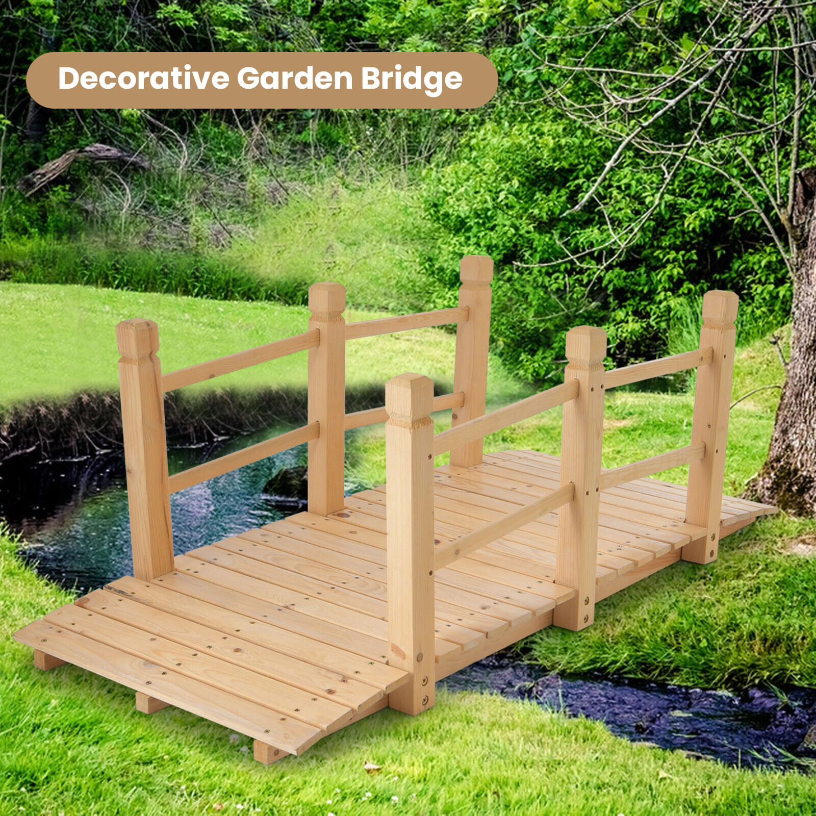 SUGIFT 5-Ft Fir Wood Garden Bridge with Safety Rails 400-lb Capacity Natural Wood/Stained Wood