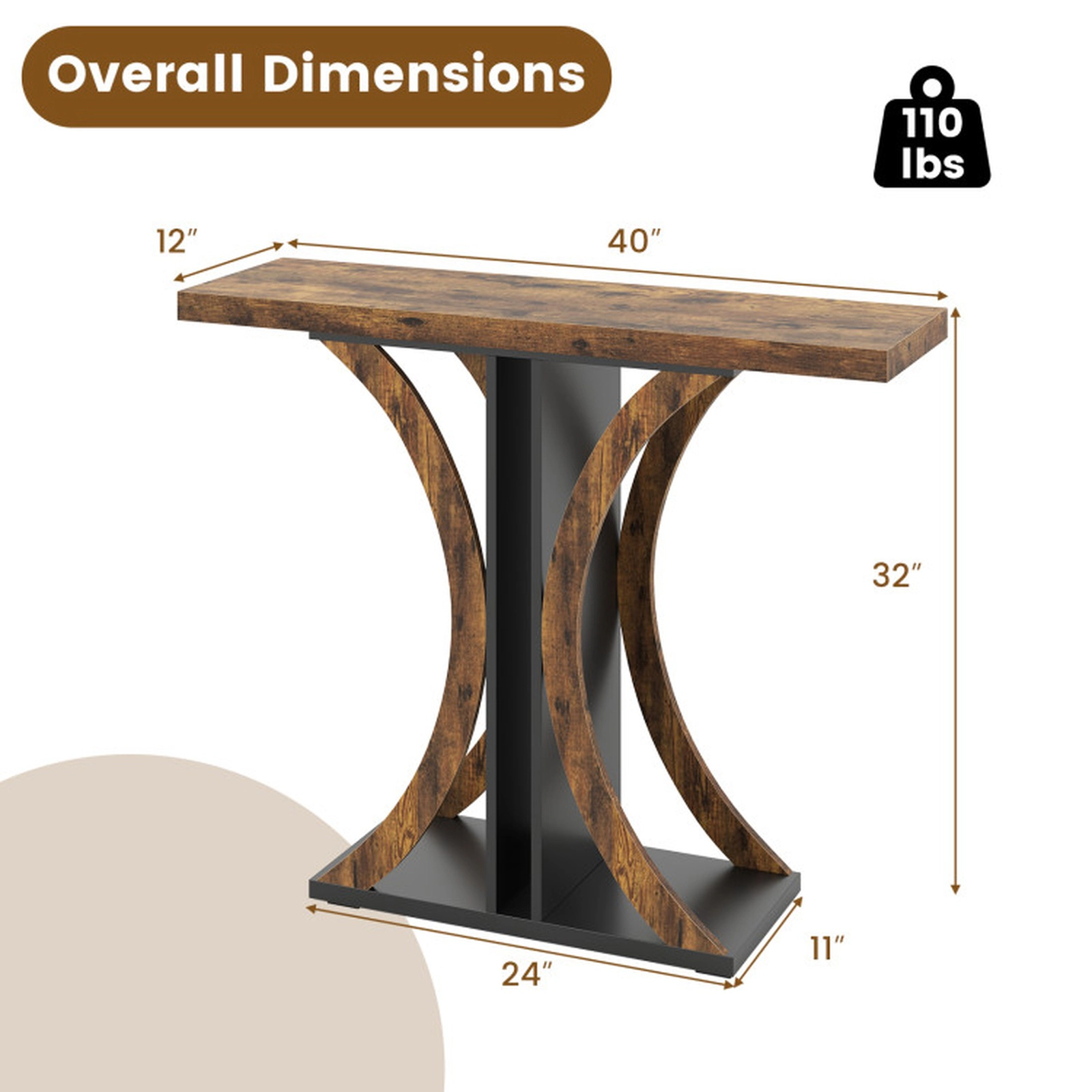 SUGIFT 39.5-in Rectangular Console Table with Geometric Frame 110-lb Tabletop Capacity 2 Anti-Toppling Kits Rustic Brown