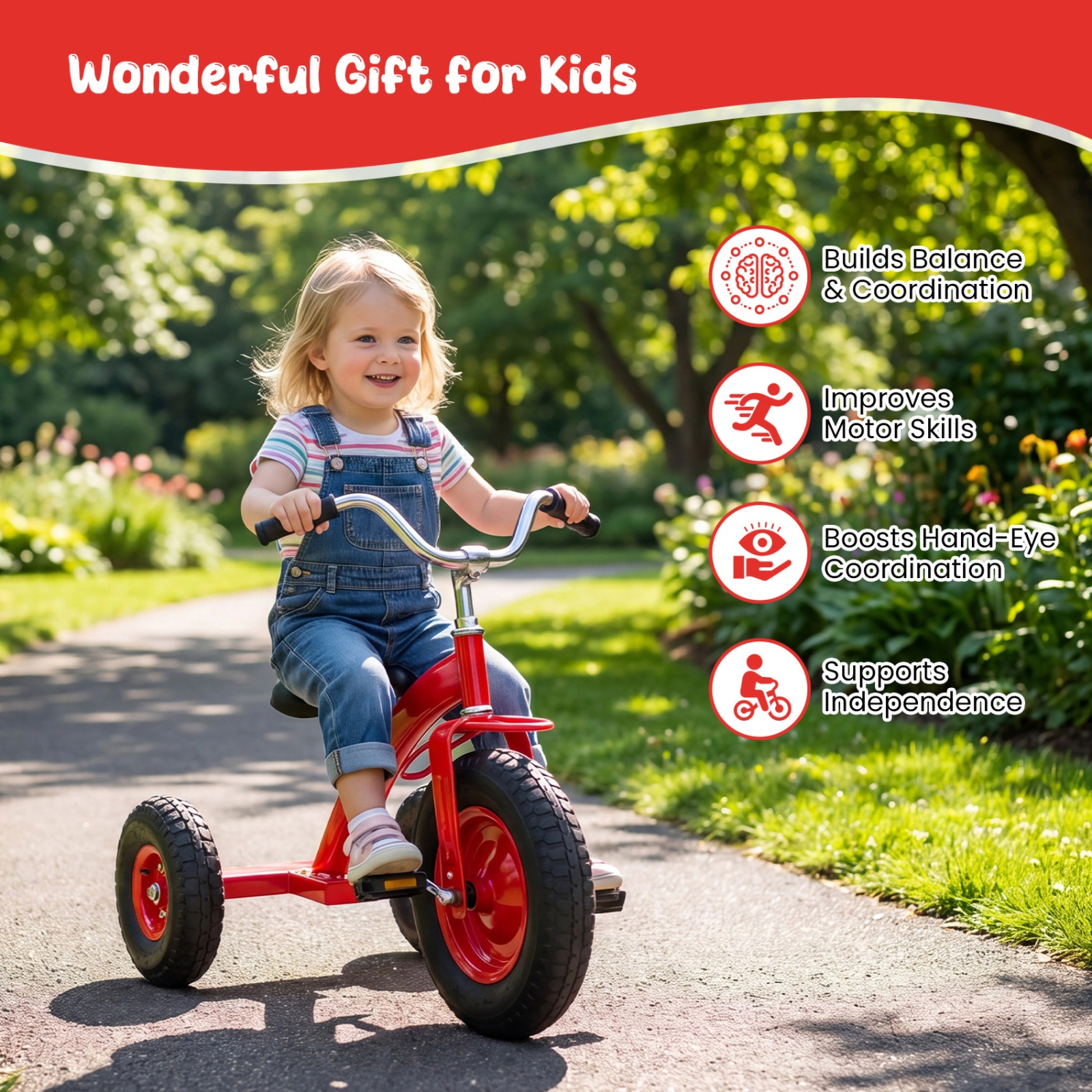 SUGIFT Carbon Steel Kids Tricycle Ride-On with Inflatable Rubber Tires 200-lb Capacity Ages 3+ 33-in Frame Red