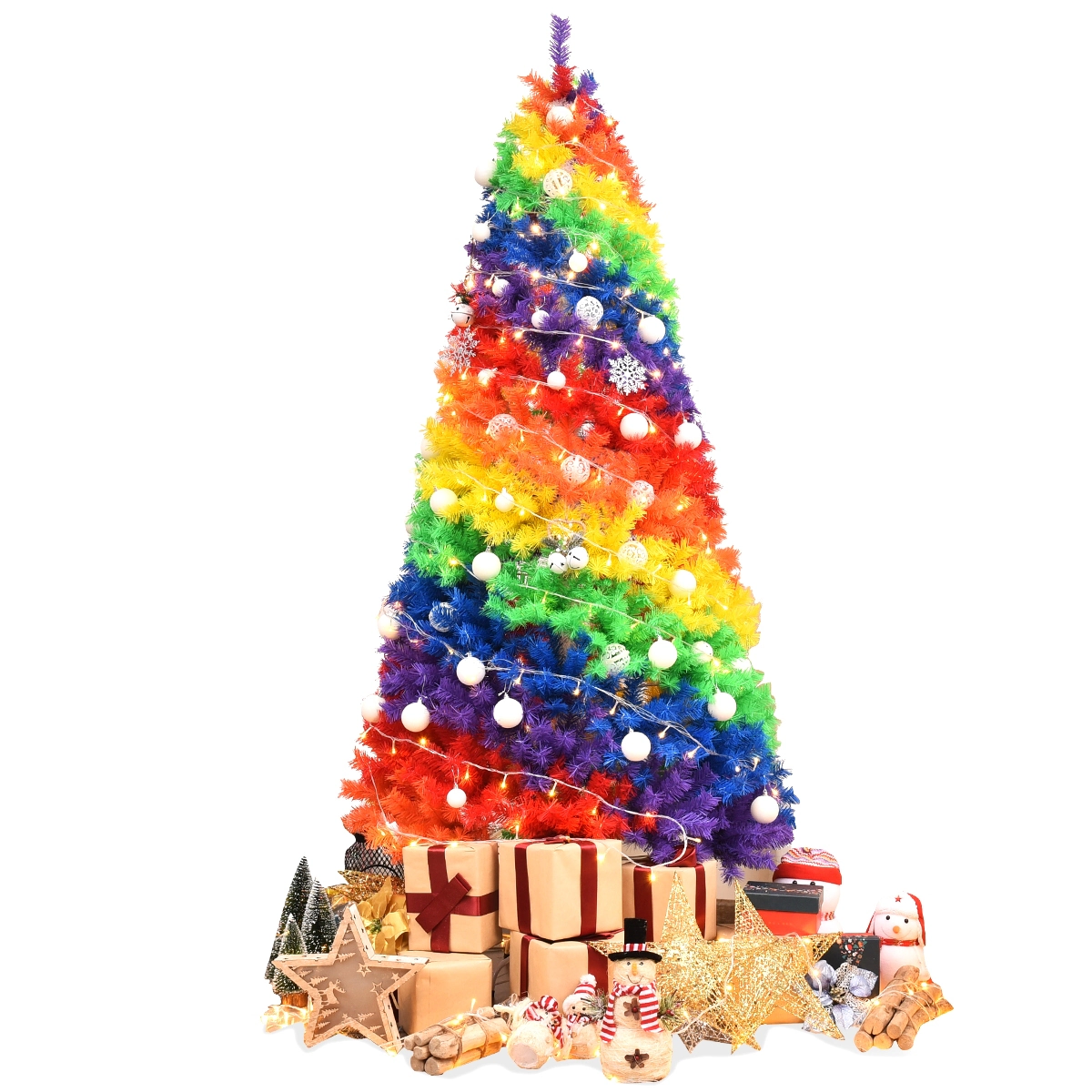 SUGIFT 7 ft Rainbow Christmas Tree Multicolor Artificial Hinged Tree with Metal Stand