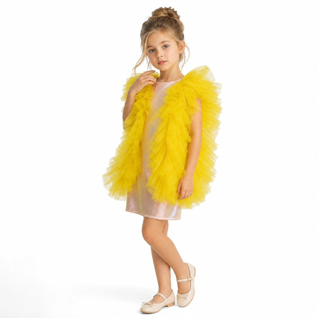 Faeella Girls Radiant Yellow Fairy Wings Tulle Birthday Dress