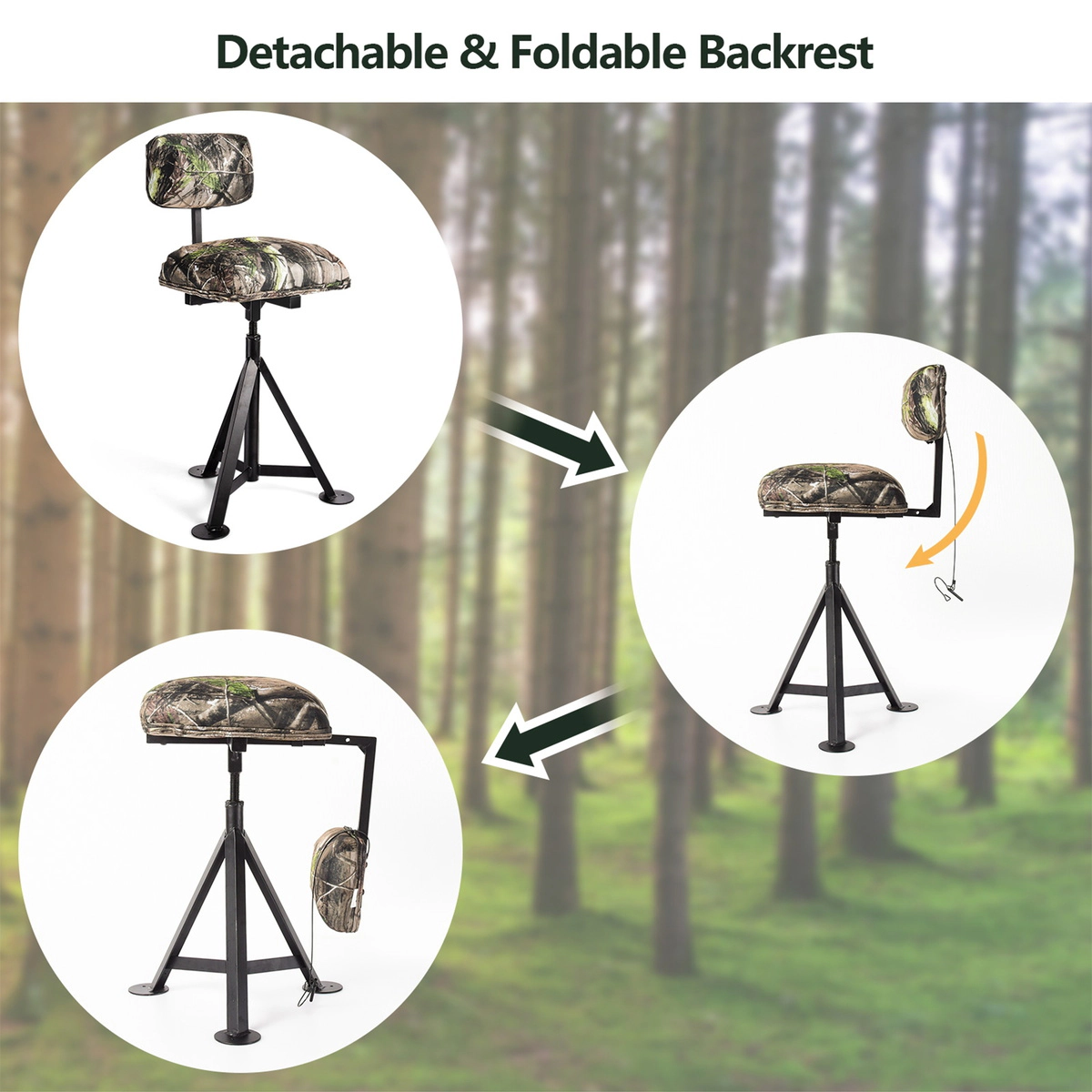 SUGIFT 330-lb Capacity 360-Degree Swivel Tripod Hunting Stool with Detachable Backrest and Adjustable Legs