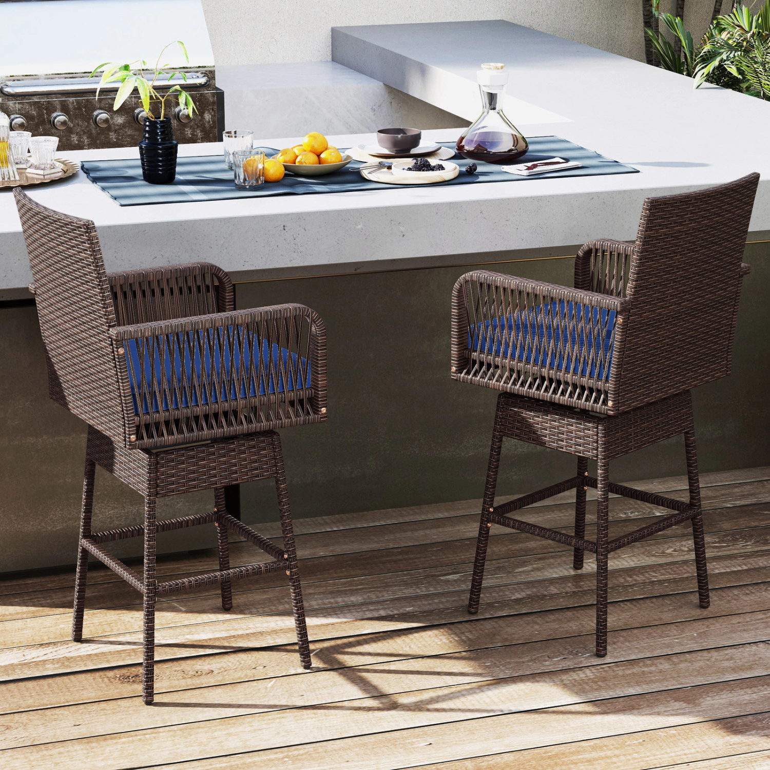 LJG 29" Bar Height Patio 360° Swivel Bar Stool with Cross-Woven Armrests Footrest and Seat Cushion