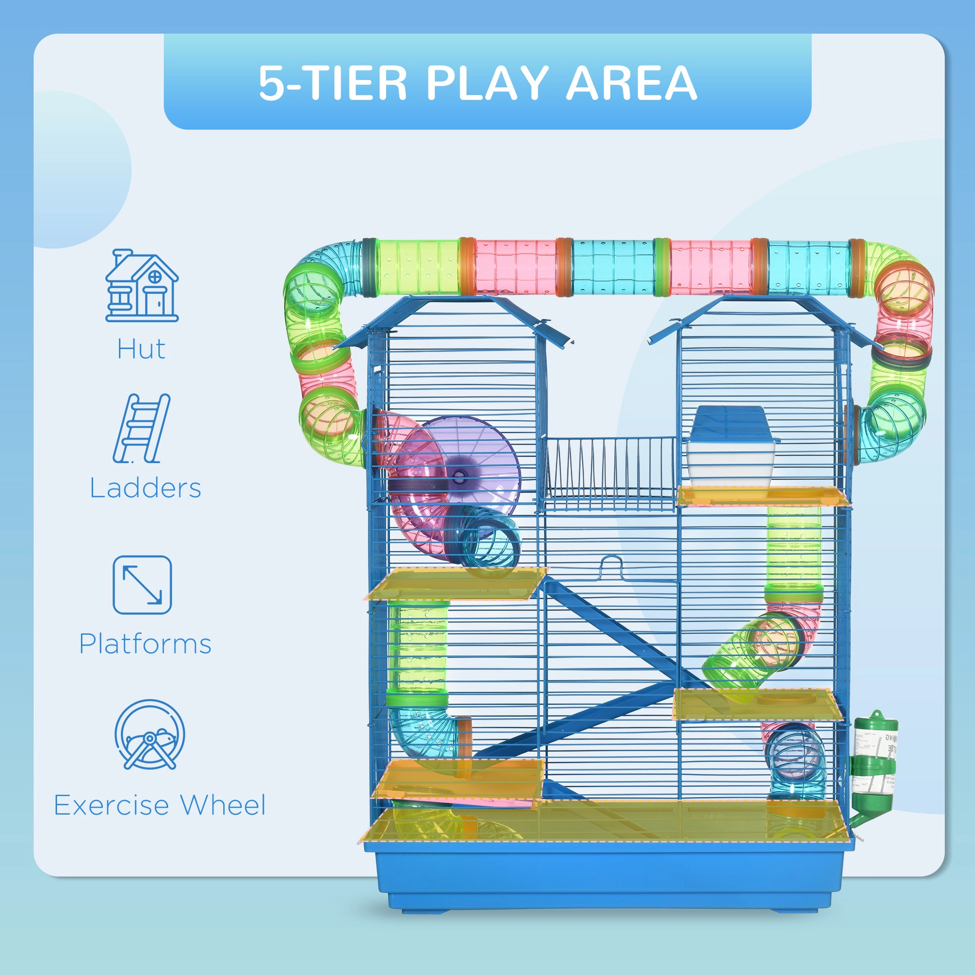 HONGGE 18.5" 5 Tier Hamster Cage with Tubes and Tunnels Small Animal Rat Gerbil Water Bottle Food Dish