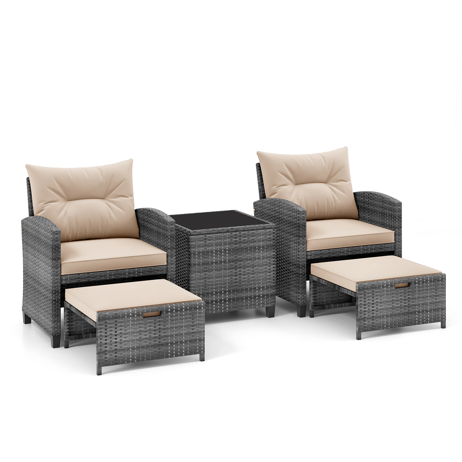 SUGIFT 5-Piece Mix Gray PE Rattan Patio Set with 2 Chairs, 2 Ottomans and Glass Table