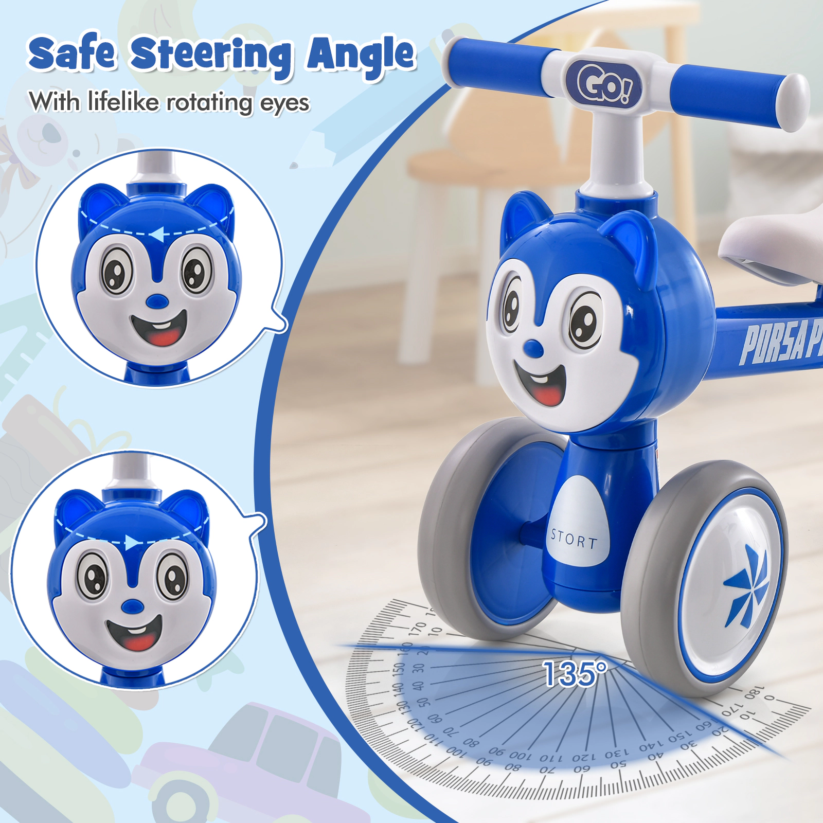 Baby Balance Bike 4 Silent EVA Wheels and No Pedals 10-36 Months Carbon Steel Frame and Soft Seat Blue Toddler Balance