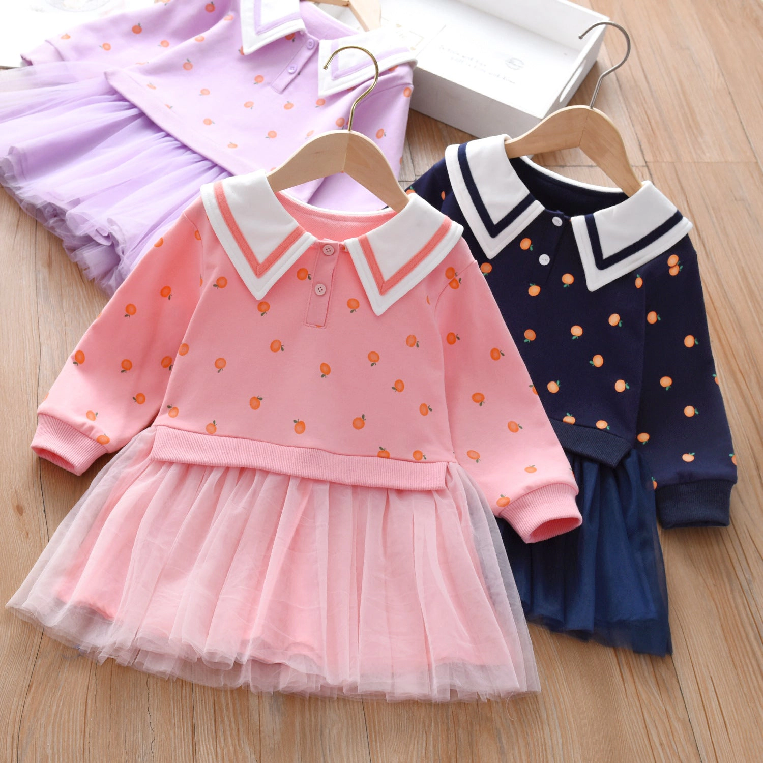 MyKids-USA Baby Girl Fruit Pattern College Style Lapel Design Mesh Patchwork Dress