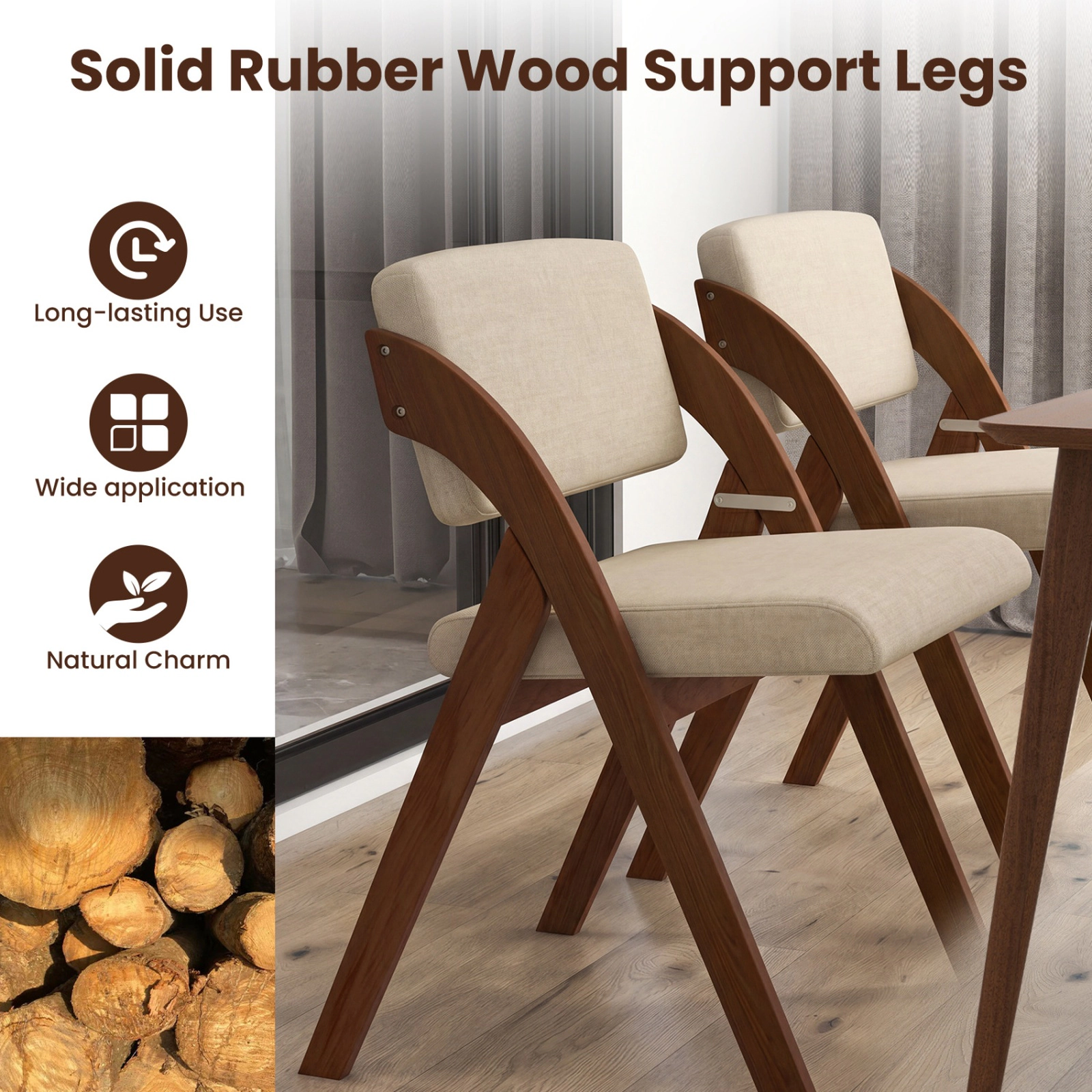 SUGIFT Set of 2 Folding Kitchen Dining Chairs with Rubber Wood Legs 355-Lb Capacity 21-in Wide Seat Walnut & Beige