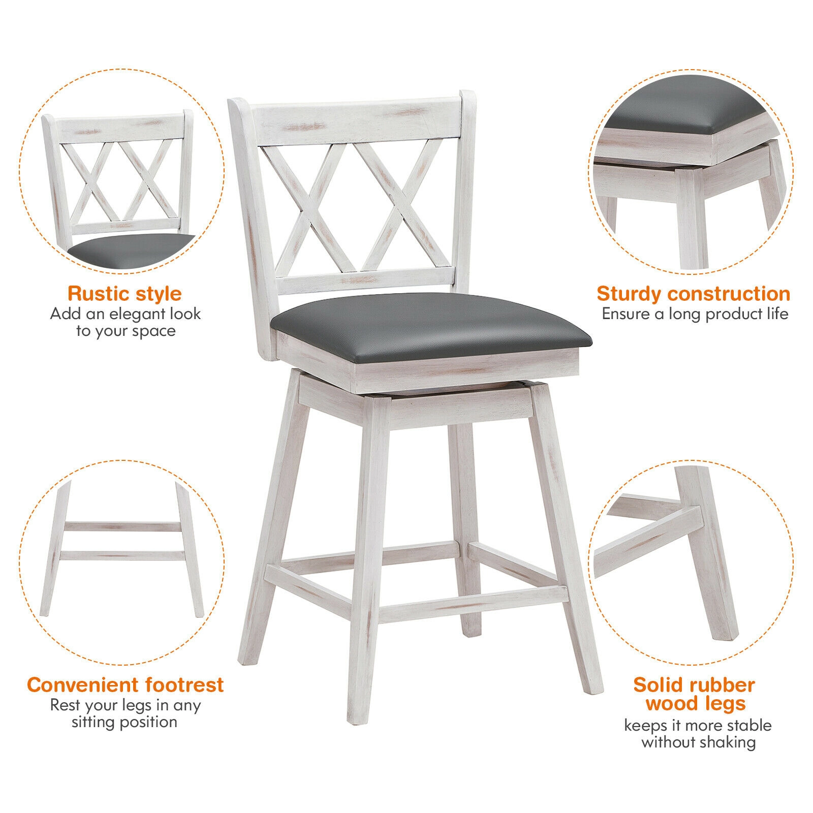 SUGIFT 2-Piece 24-in Swivel Counter Height Bar Stool Set Rubber Wood Legs 264-lb Capacity 18 x 20 x 38 in Black/White