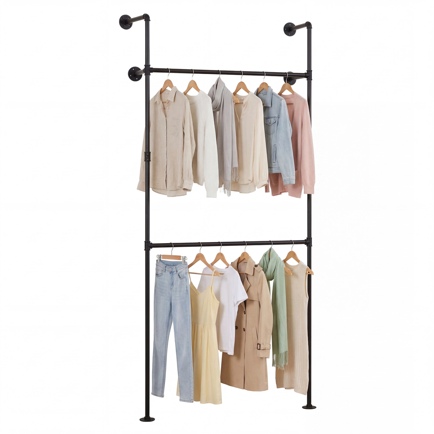 SUGIFT Double-Tier Wall Mounted Pipe Clothing Rack with 2 Hanging Rods 45-lb Rod Capacity Frame Black