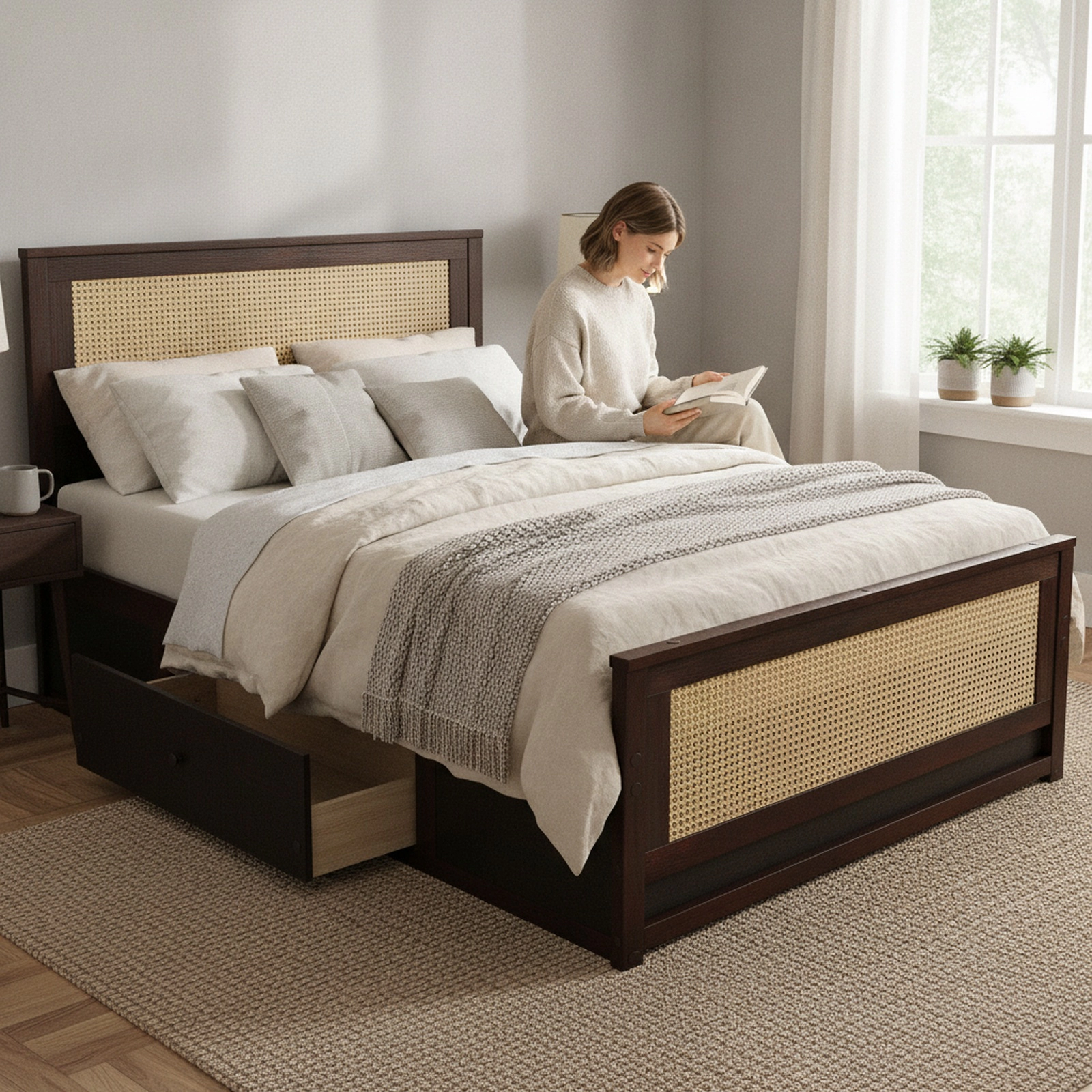 SUGIFT Twin Rattan Platform Bed, Coffee, 2 Storage Drawers, Cane Headboard