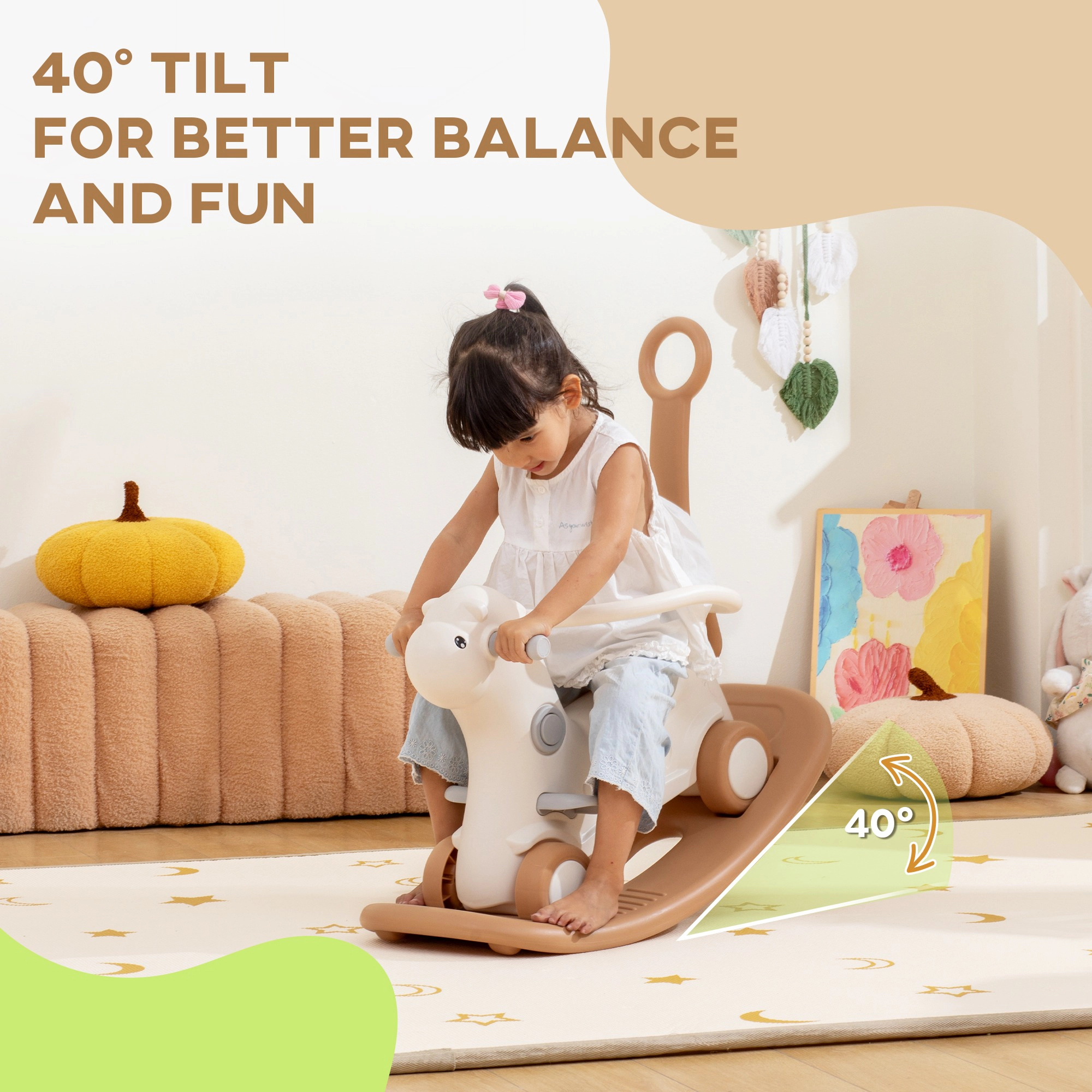 HONGGE 4-in-1 Alpaca Rocking Horse with Balance Board and Push Handle, HDPE Toy for Toddlers Ages 1-3
