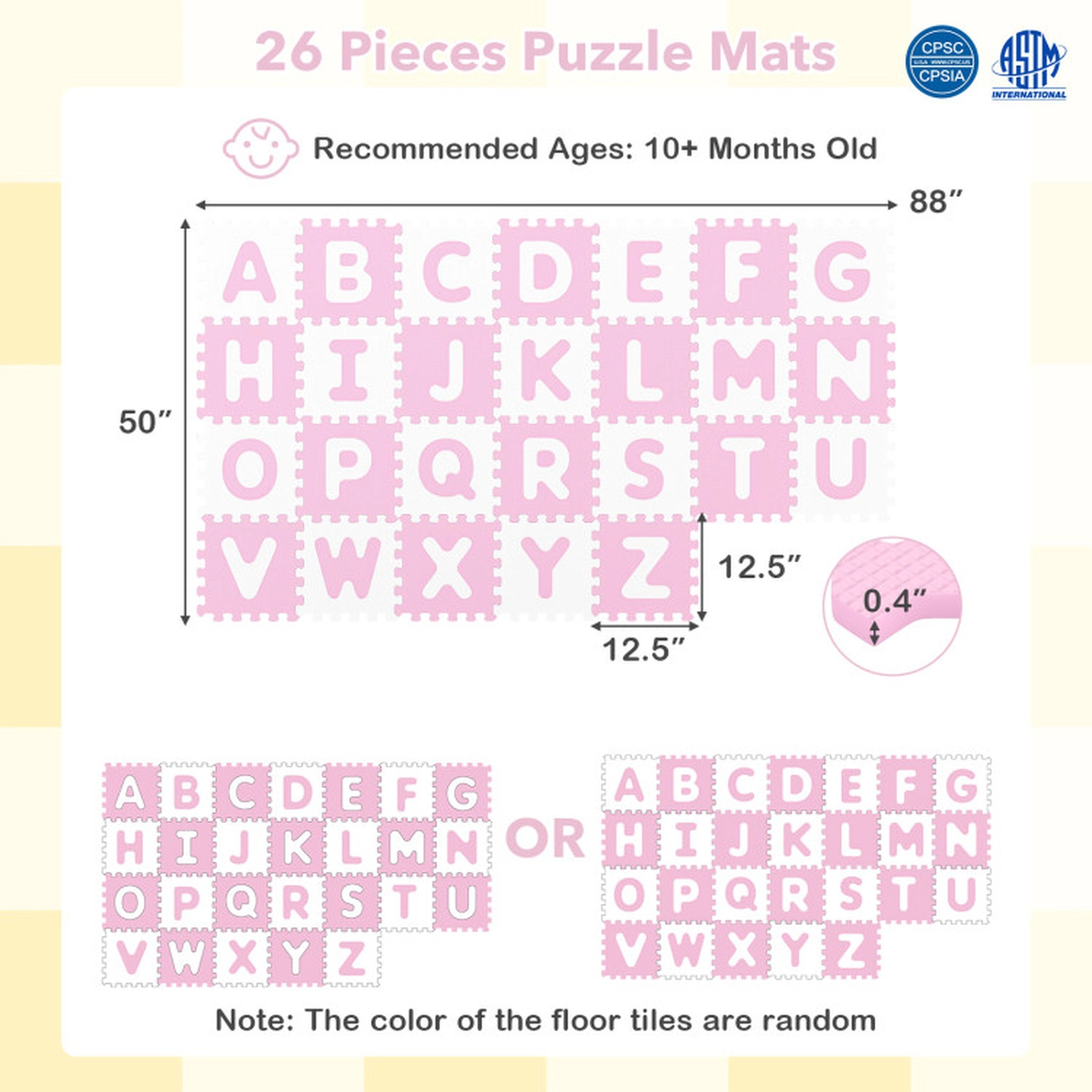 SUGIFT Kids Pink 26-Piece Interlocking Alphabet Foam Play Mat with Detachable Letters 12.5-in W 12.5-in D 0.4-in H