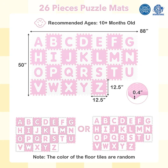 SUGIFT Kids Pink 26-Piece Interlocking Alphabet Foam Play Mat with Detachable Letters 12.5-in W 12.5-in D 0.4-in H
