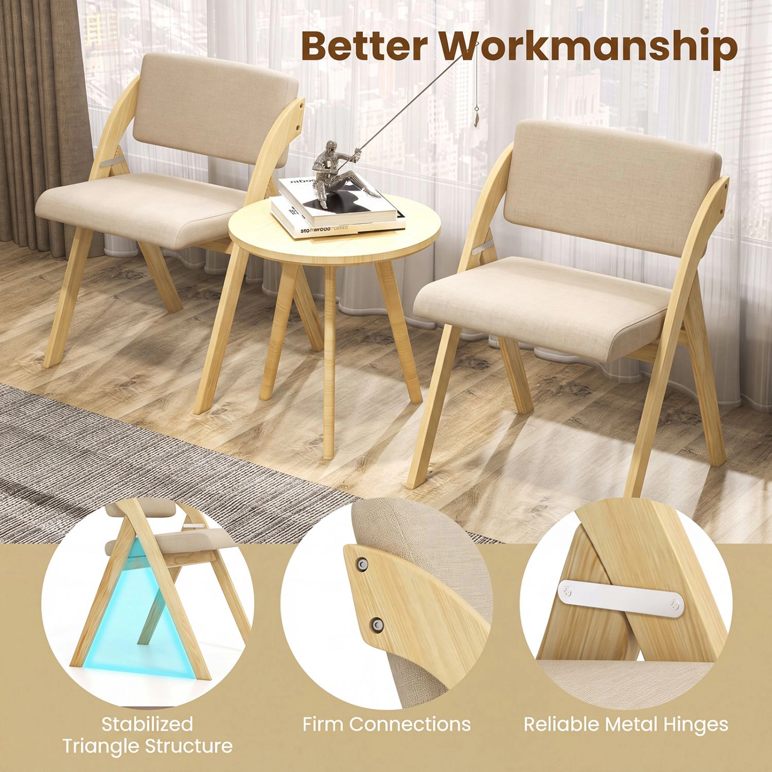 SlickBlue Unisex Set of 2 Folding Dining Chairs with Rubber Wood Legs