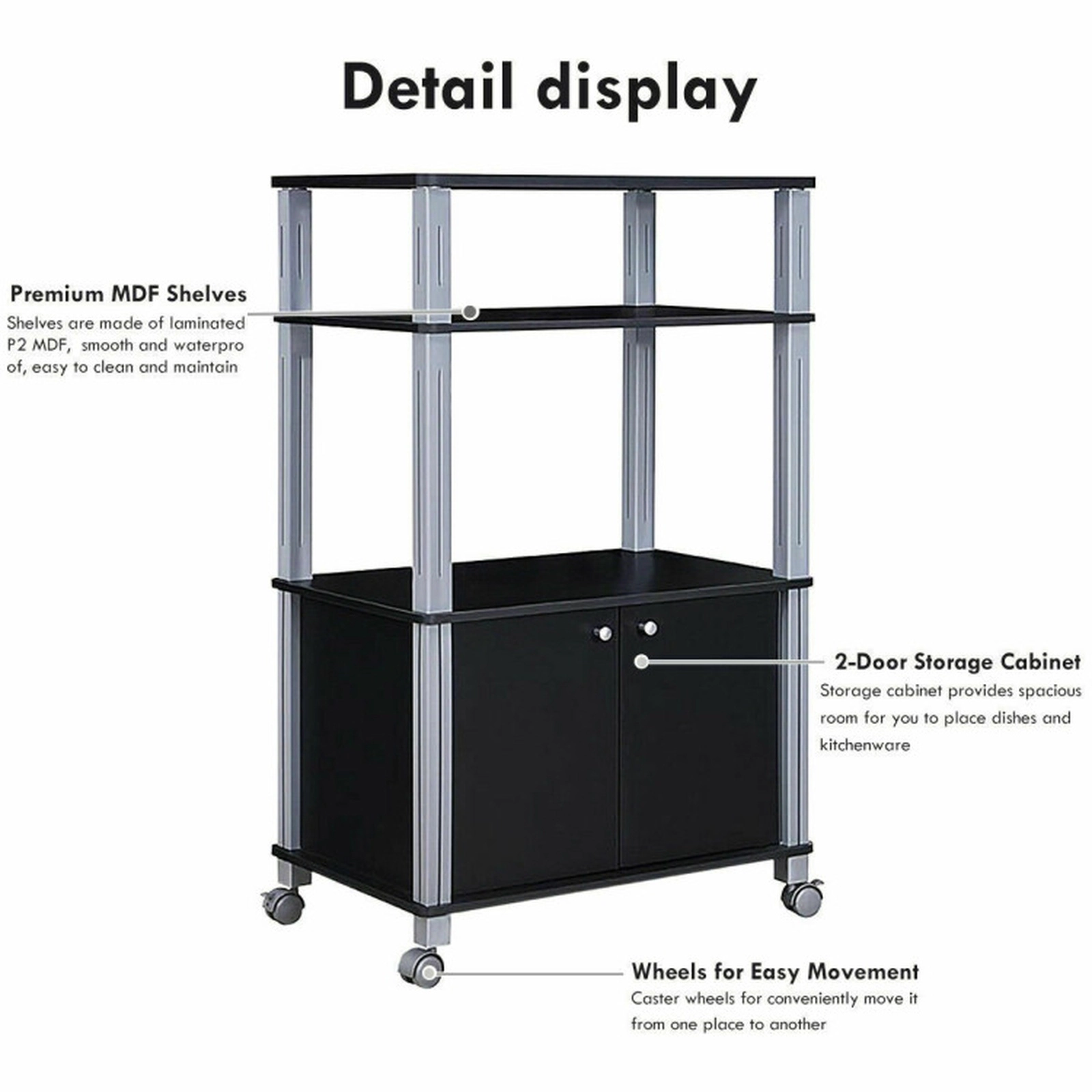 SUGIFT Black Rolling Microwave Cart with 2-Door Cabinet 3 Open Shelves and Locking Casters for Kitchen
