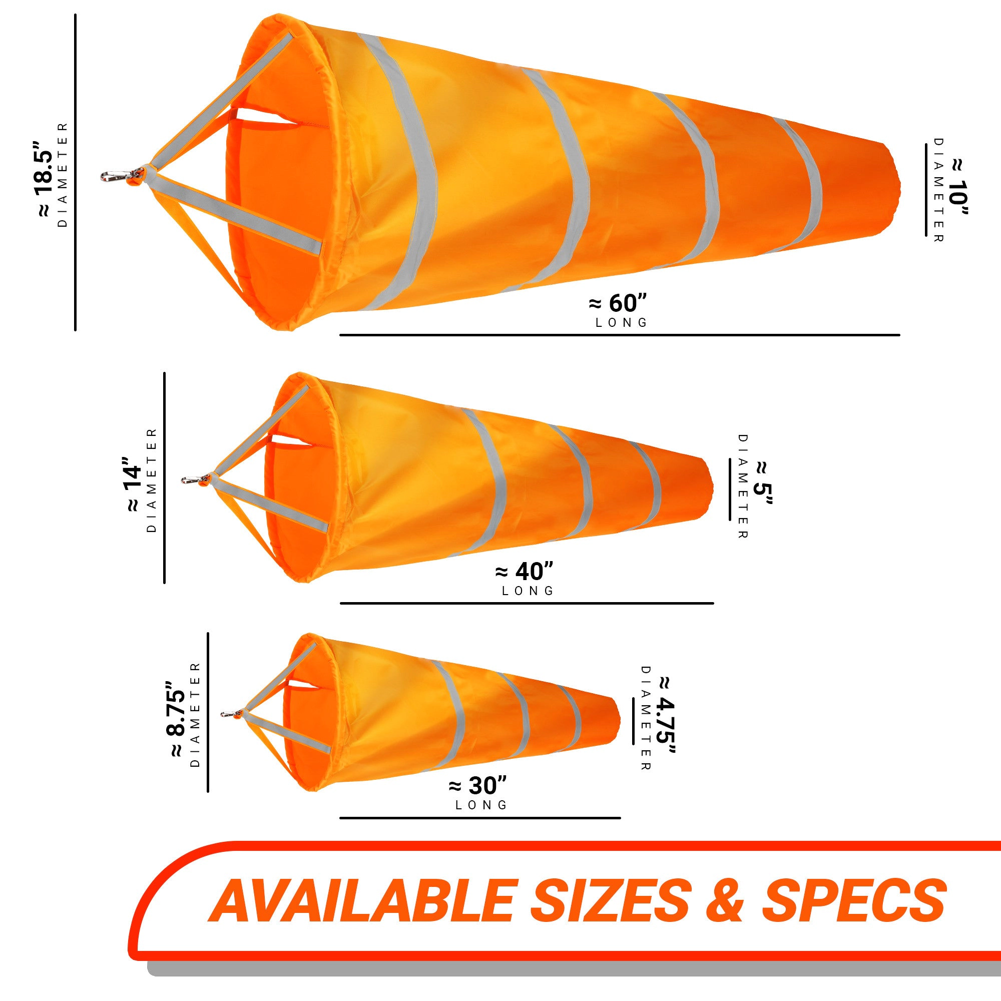 G128 30-Inch Orange Windsock, 210D Polyester with Reflective Belt, Heavy-Duty Wind Direction Indicator