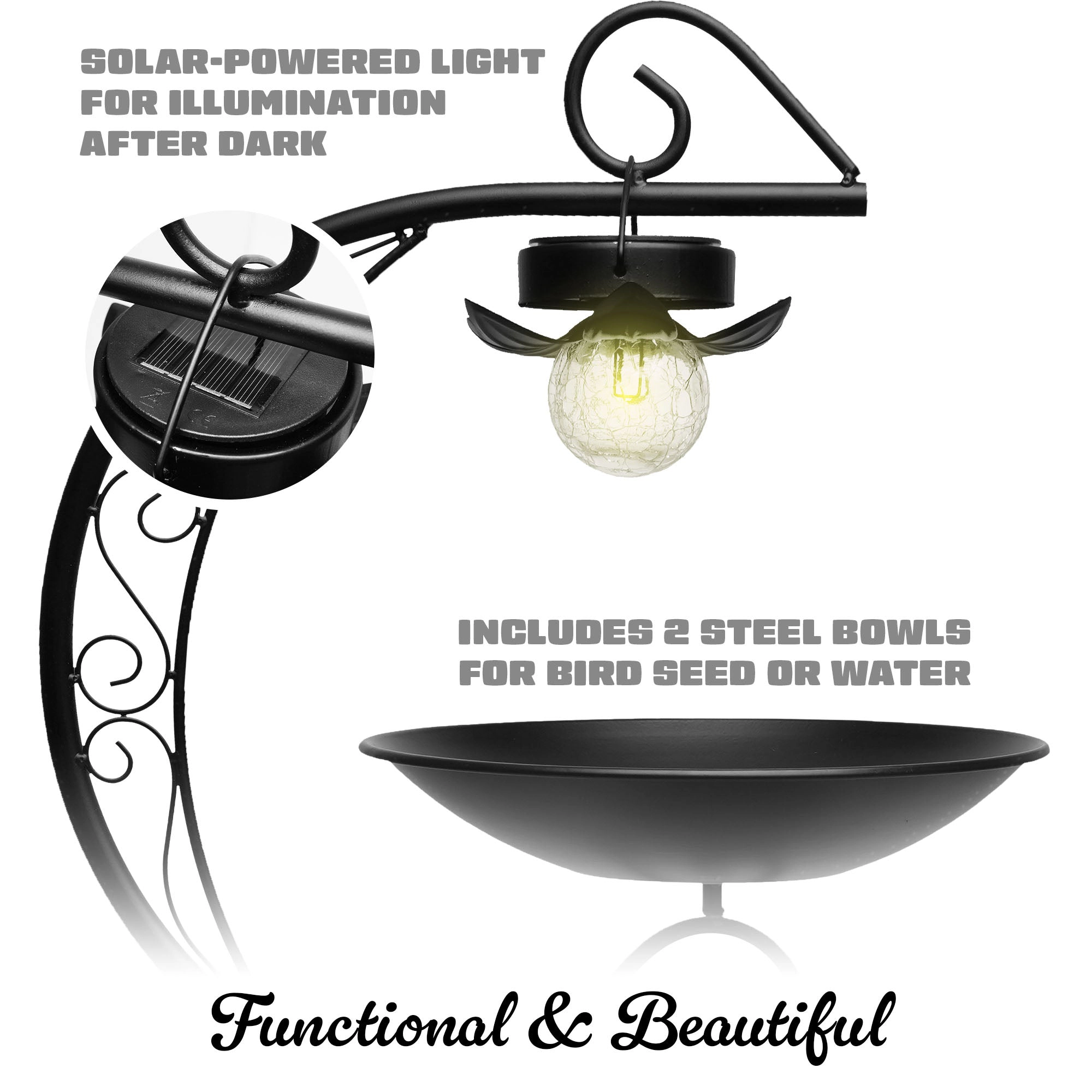 G128 36" 2-Tier Metal Bird Bath with Flower Planter and Solar Warm LED