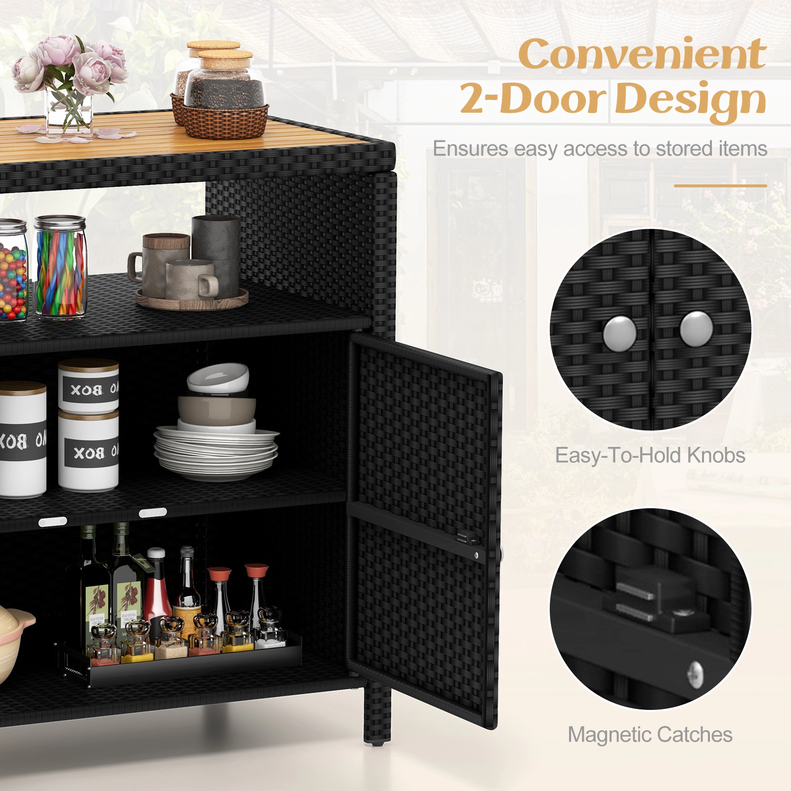 Glintex 35.5-Inch Outdoor Rattan Cabinet with Acacia Wood Countertop, Black + Natural