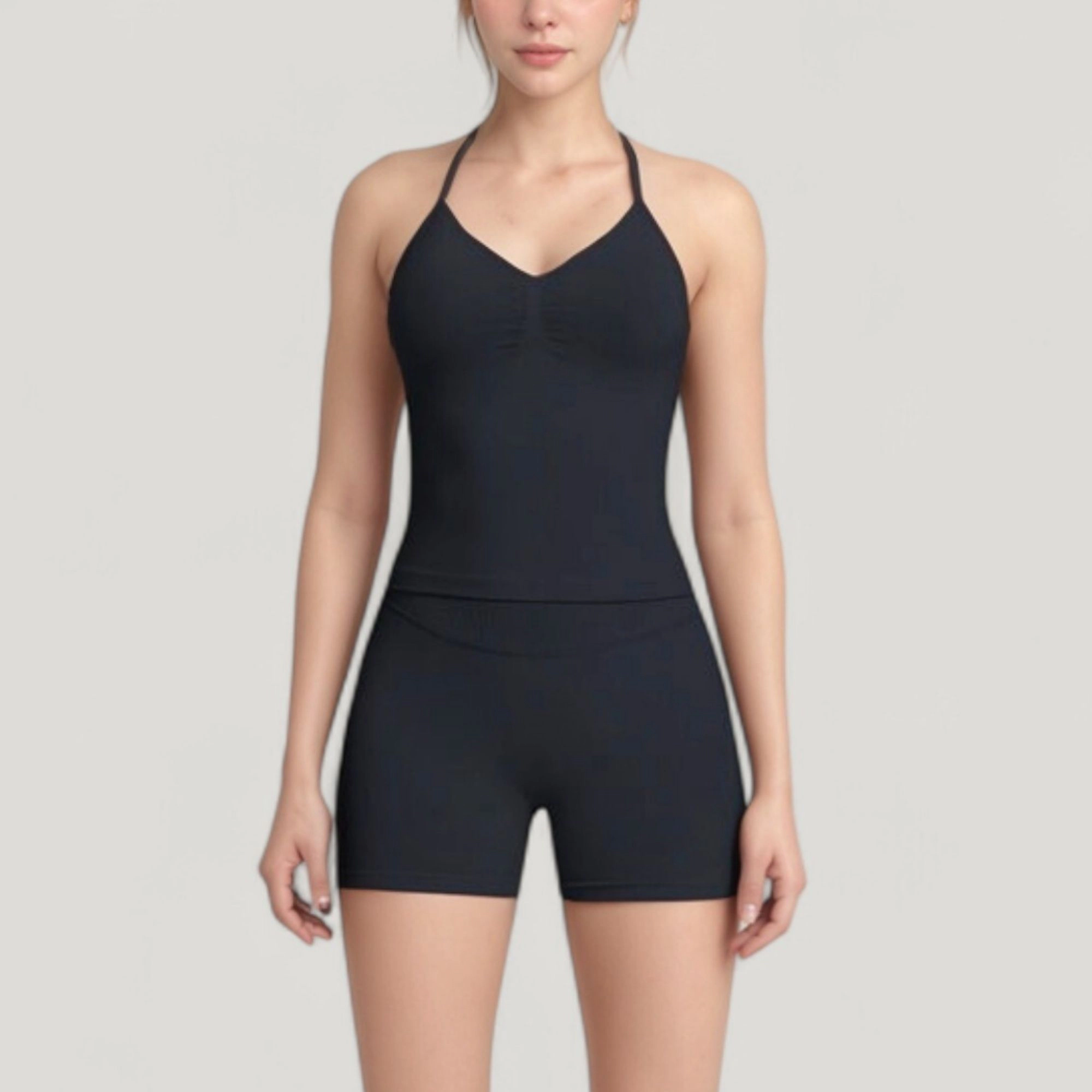 Anna-Kaci Women's Seamless Active Set with Halter Neck Top and Fitted Shorts
