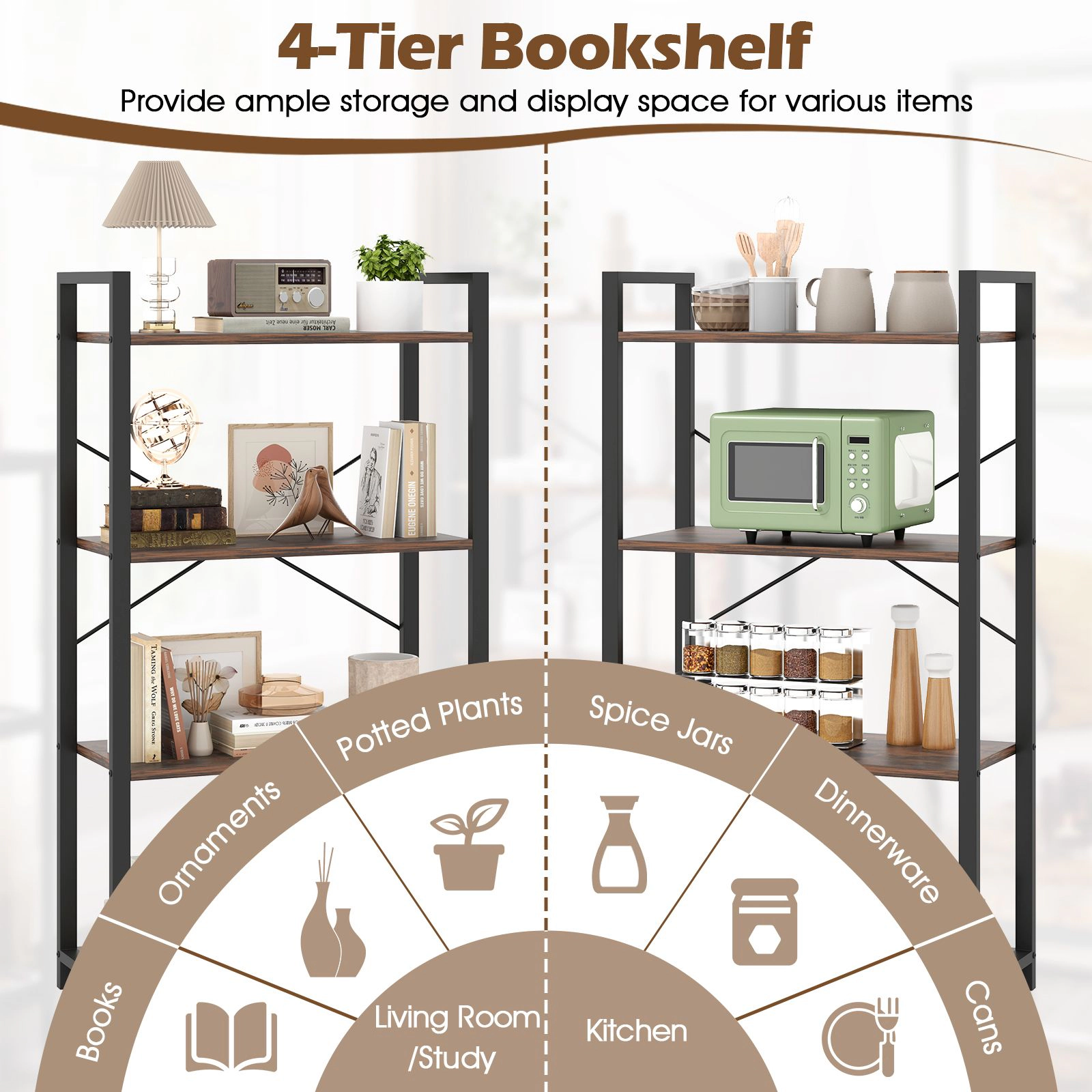 SlickBlue 4 Tier Bookshelf with Metal Frame and Rustic Wood Shelves