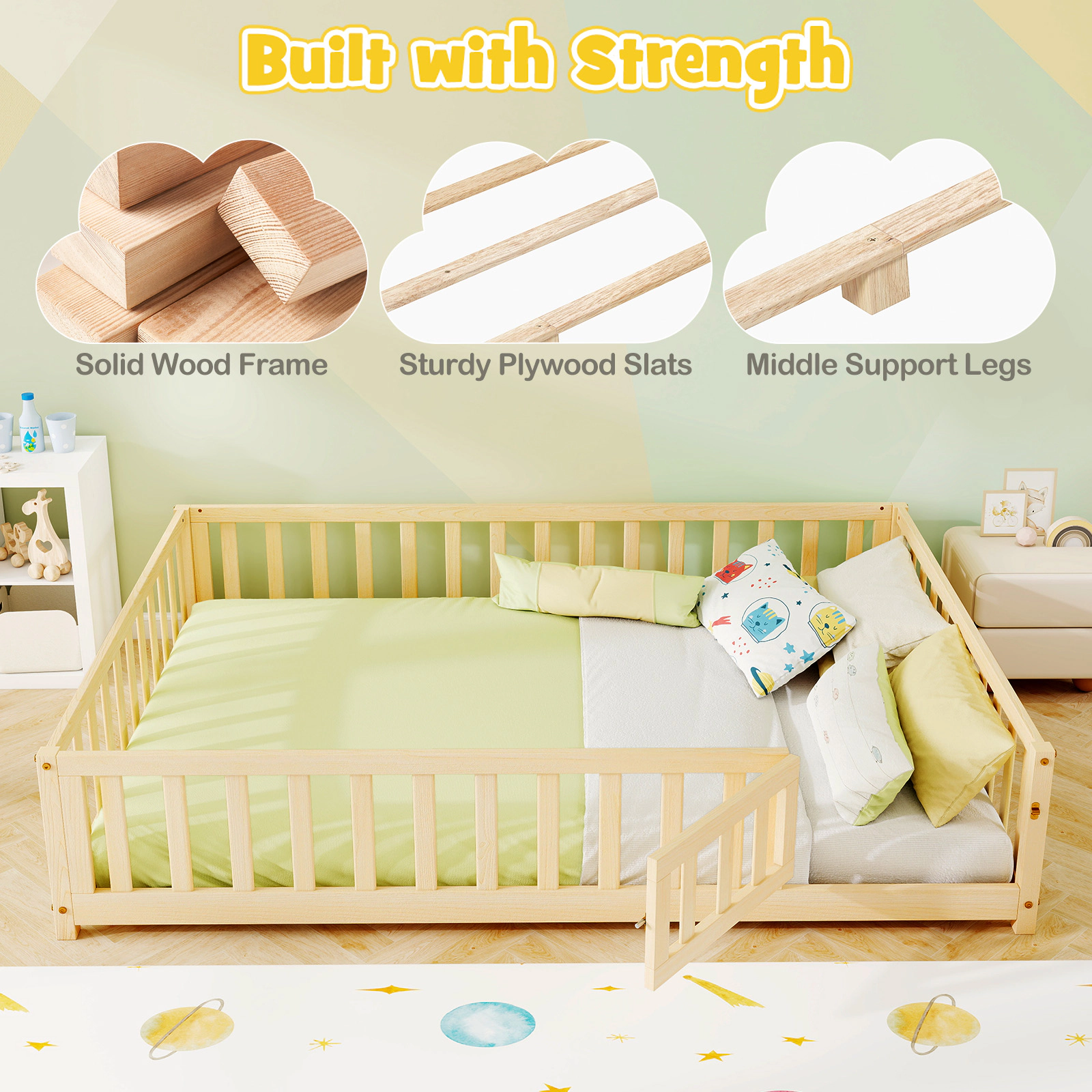 SUGIFT Natural Full-Length Guardrails Safety Door and Latch 330-lb Full Kids Montessori Bed Frame