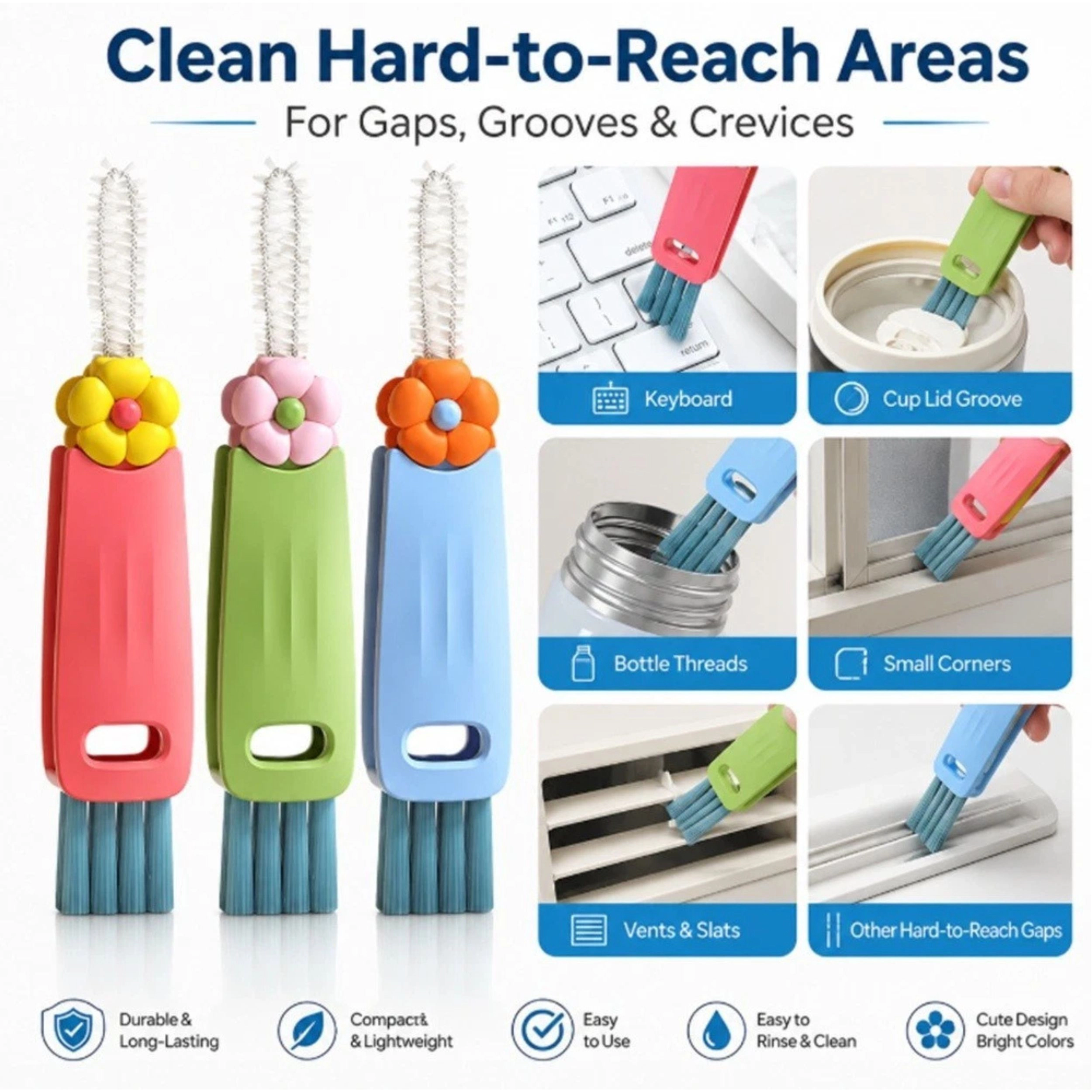 Home Collection Pack of 3, 3-in-1 Bottle Cup Gap Cleaner Brush for Lids & Straws