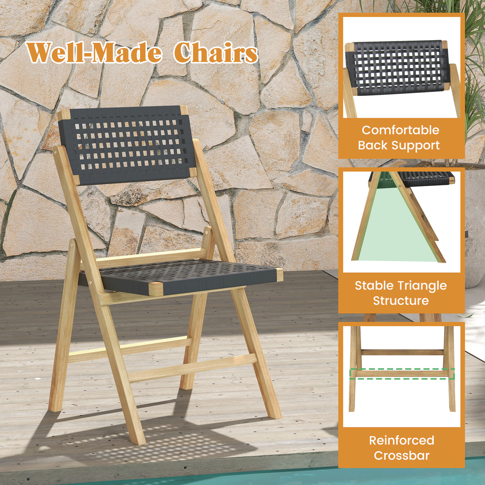 SUGIFT Set of 2 Natural Folding Teak Dining Chairs with Woven Rope Seat 23-in W 34-in H 220-lb Per Chair