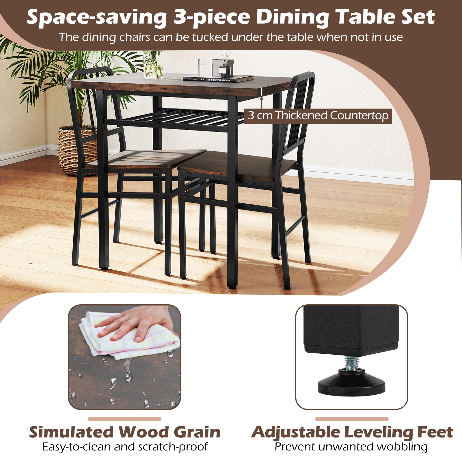 SUGIFT 3 Piece Dining Set Rustic Brown 31.5 in Table with Storage Shelf and 2 Chairs