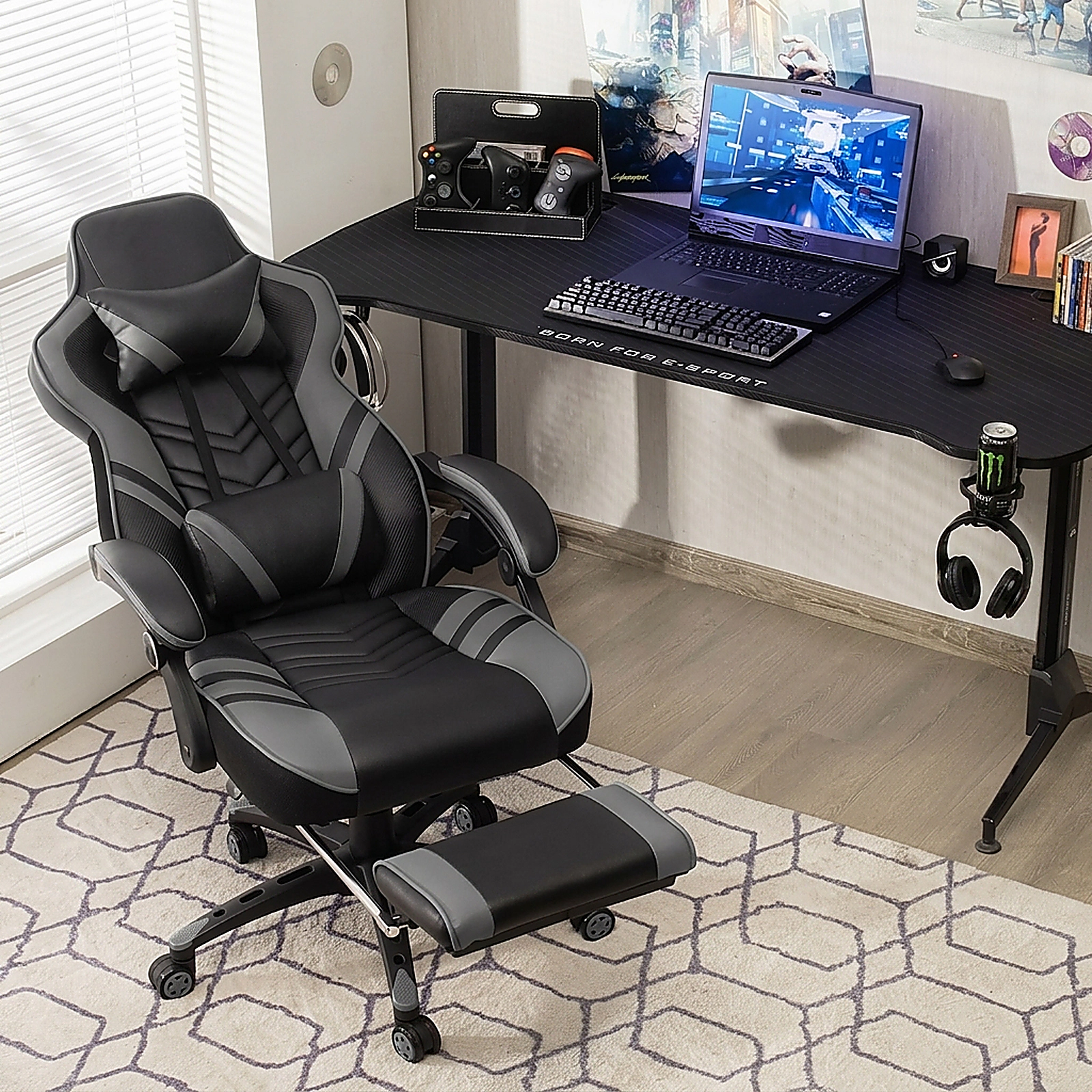 SUGIFT Adjustable Gaming Chair with Retractable Footrest Headrest and Waist Pillow
