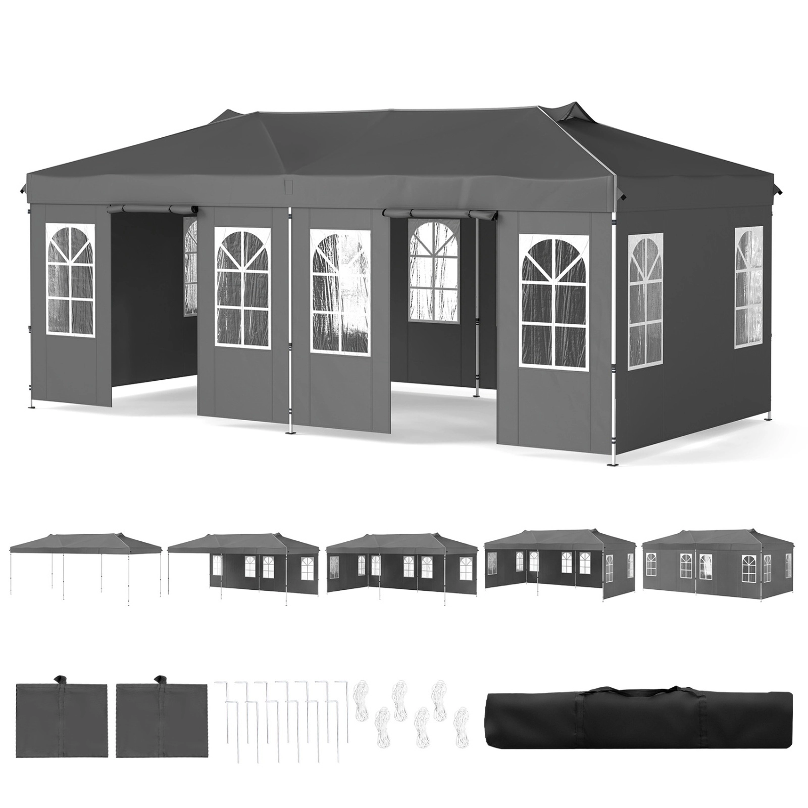 SUGIFT Pop Up Canopy Tent with 6 Sidewalls and Adjustable Height 10 x 20FT Gray