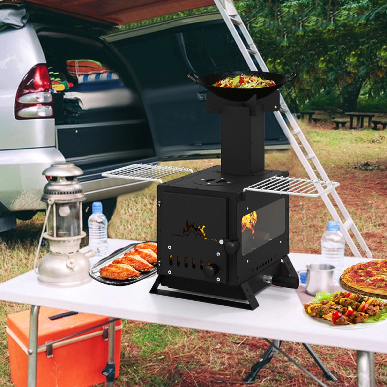 SUGIFT Portable Wood Burning Stove Mini Heater Burner with Pot Rack and Oven Pan 21.5-in Wide Black