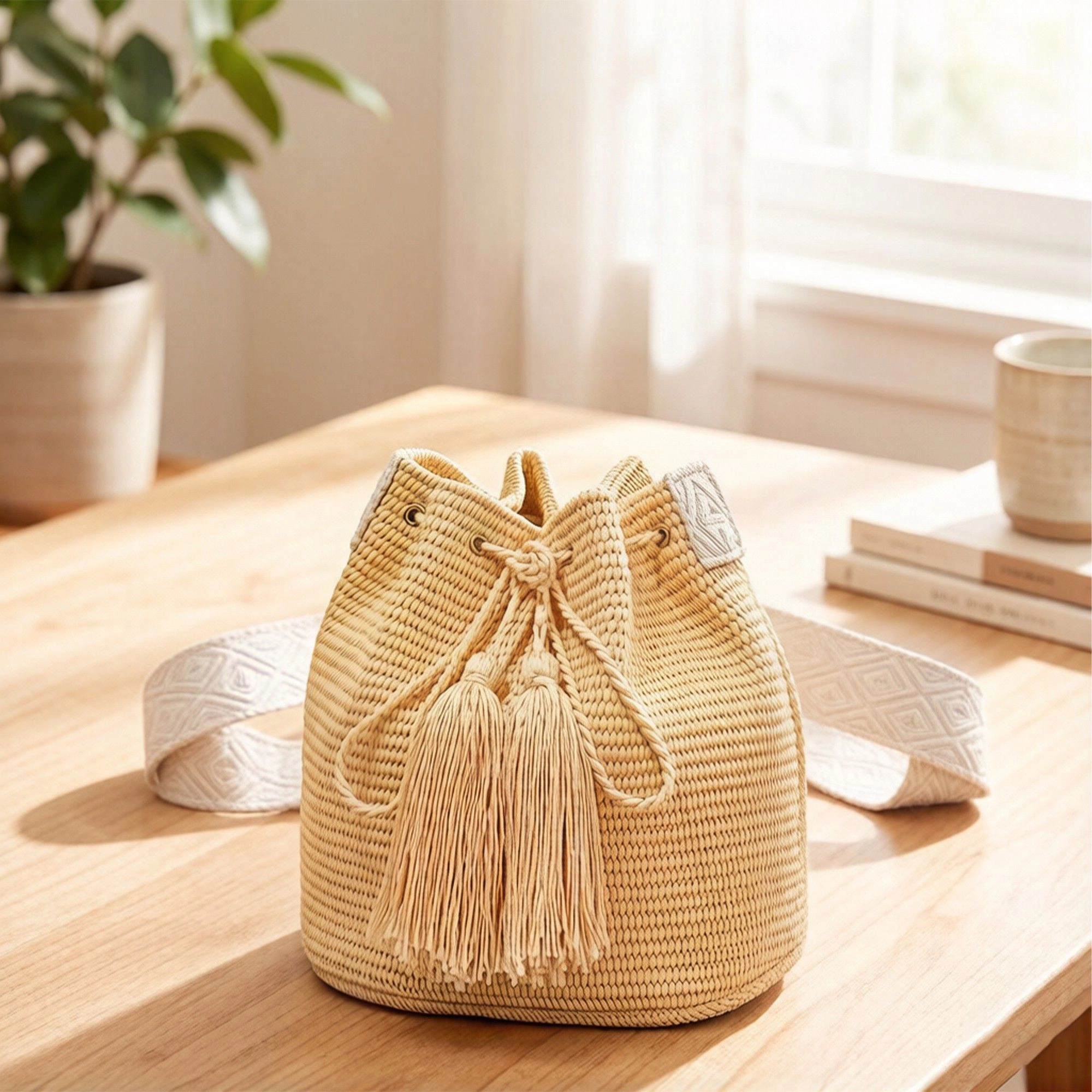 Alilang Women's Woven Crochet Bucket Bag with Drawstring Closure Tassel Detail Pattern Strap Shoulder Handbag