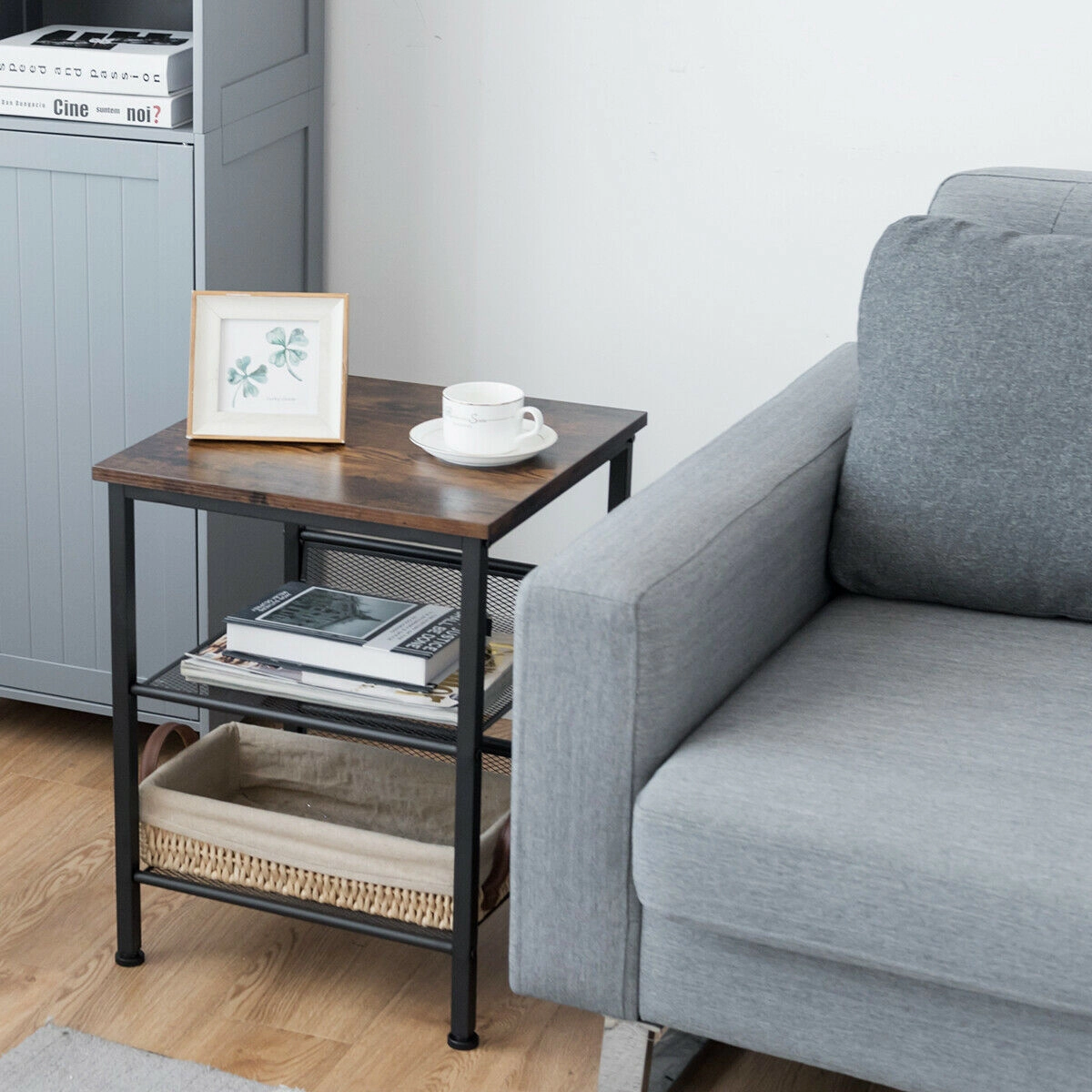 Slickblue Industrial End Table 16 Inch Rustic Wood Look Top Metal Frame Shelves