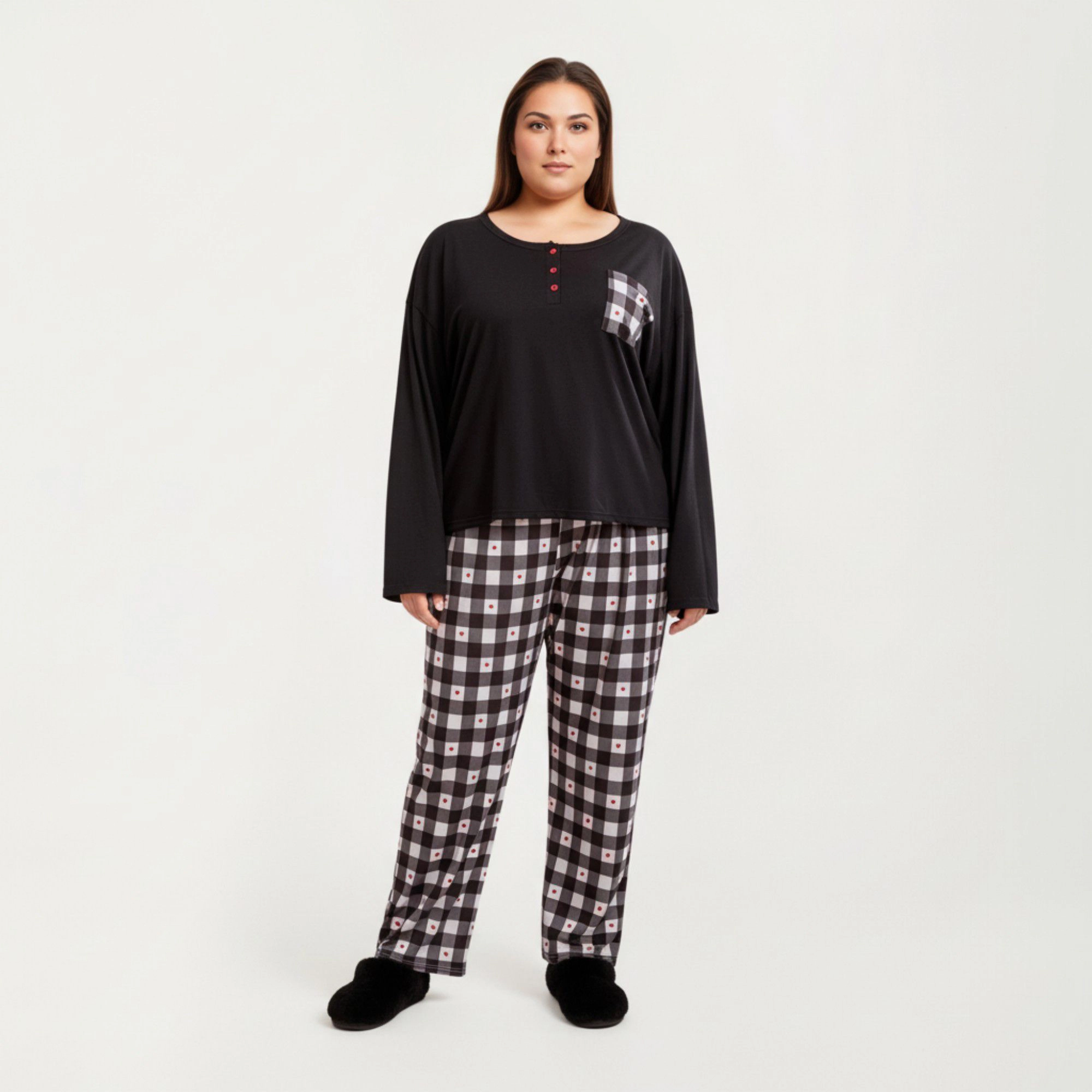 Anna-Kaci Women's 2-Piece Long Sleeve Henley Top and Plaid Pajama Pants with Soft Stretch Fabric Chest Pocket Detail