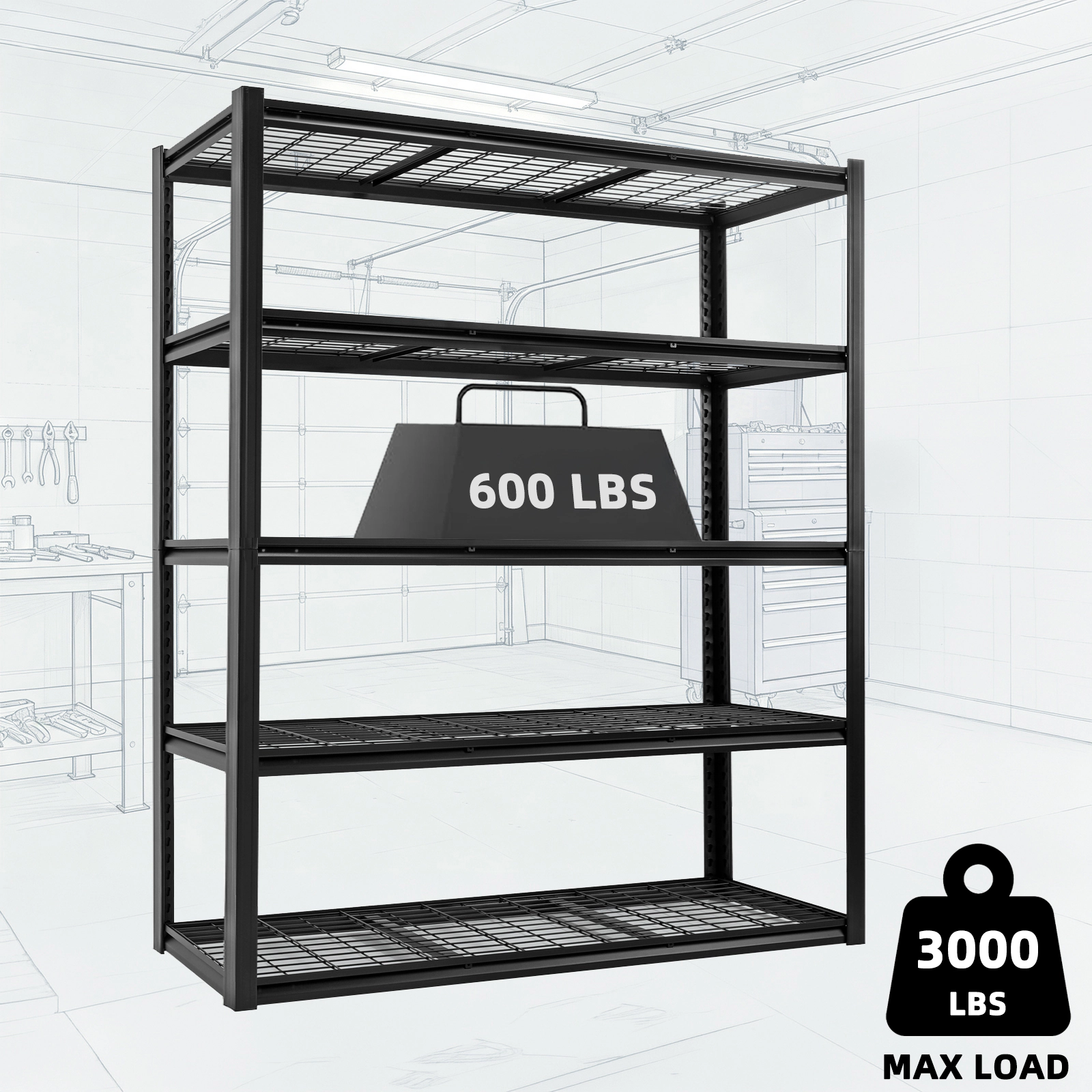 Flynama 5-Tier Freestanding Garage Shelving, Heavy Duty Steel, Adjustable