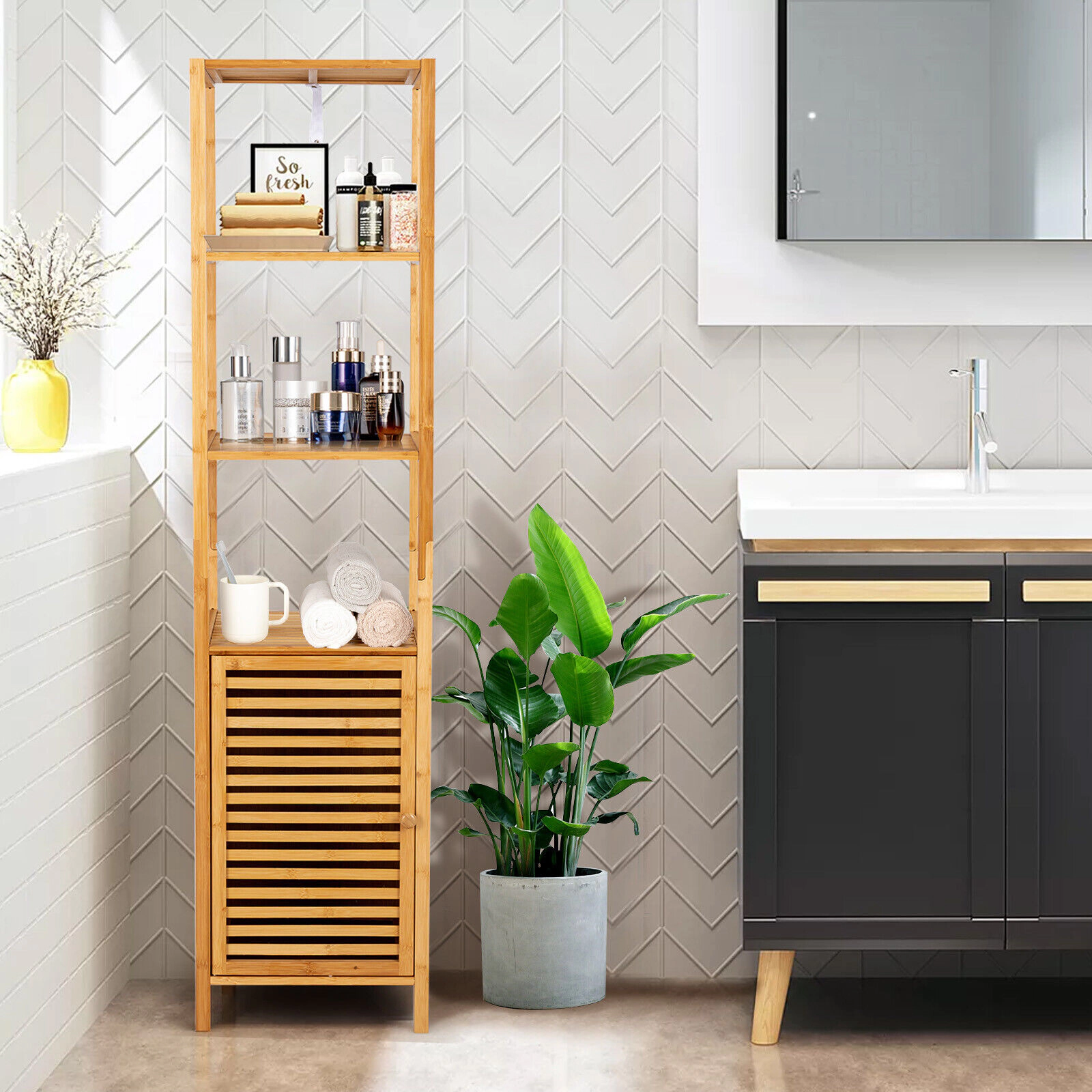 Slickblue Tall Bathroom Floor Cabinet Natural Wicker Open Shelves Shutter Door Storage